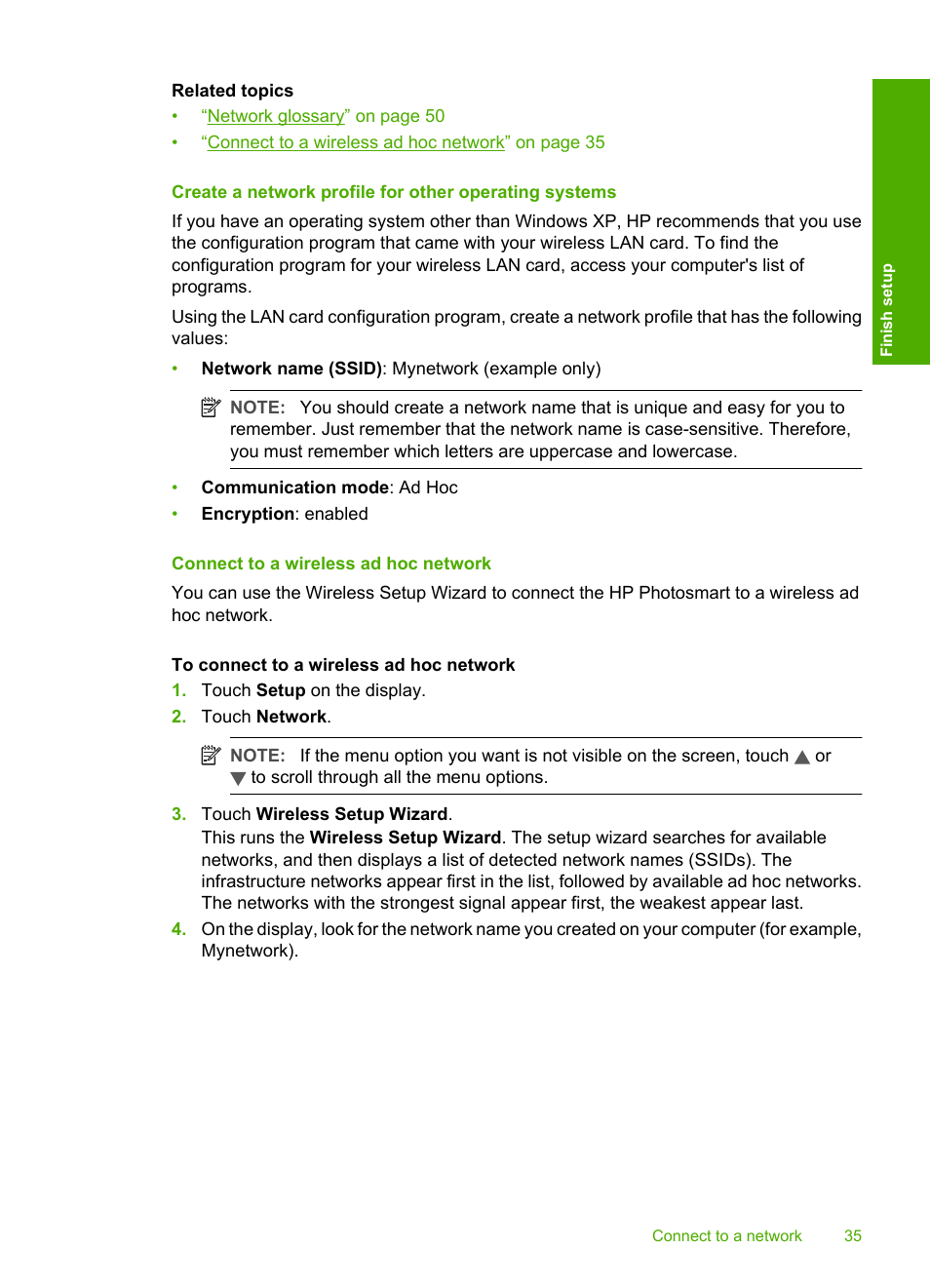 Connect to a wireless ad hoc network | HP Photosmart D7460 Printer User Manual | Page 36 / 191