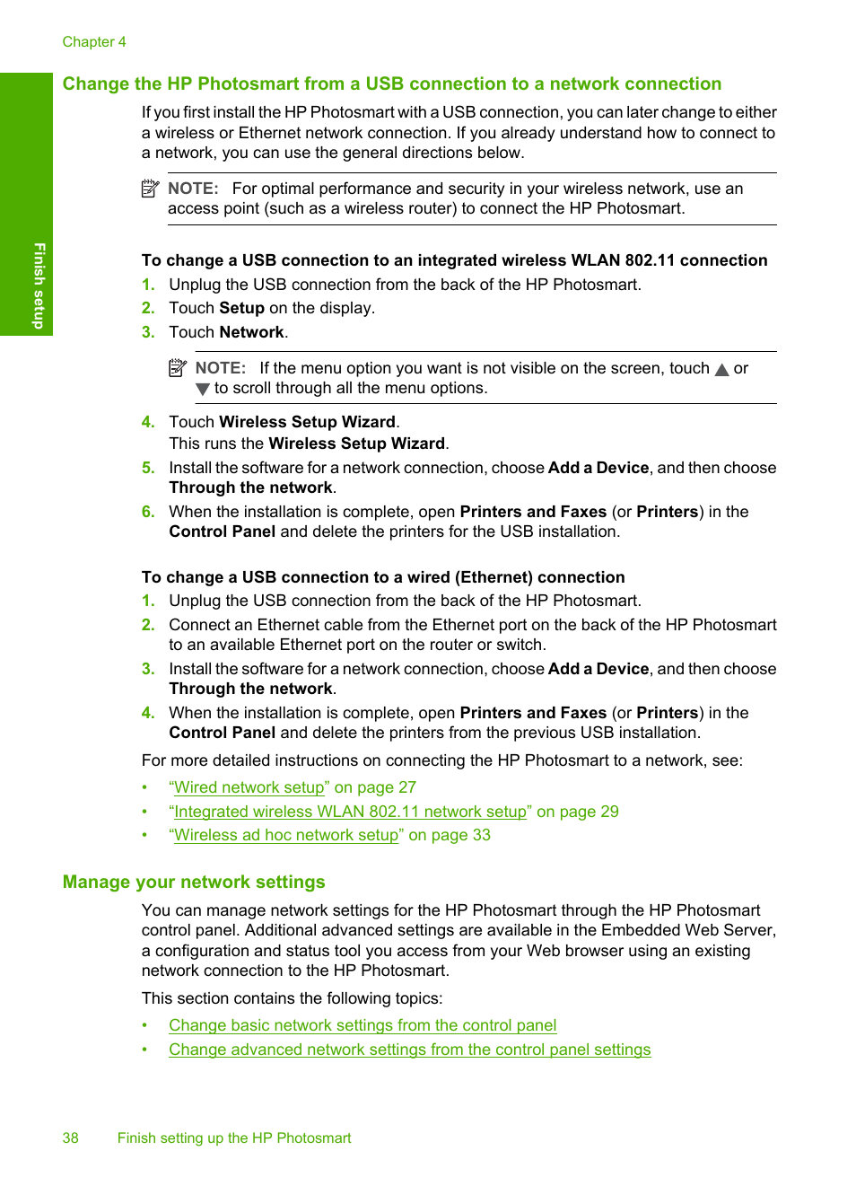 Manage your network settings | HP Photosmart D7460 Printer User Manual | Page 39 / 191