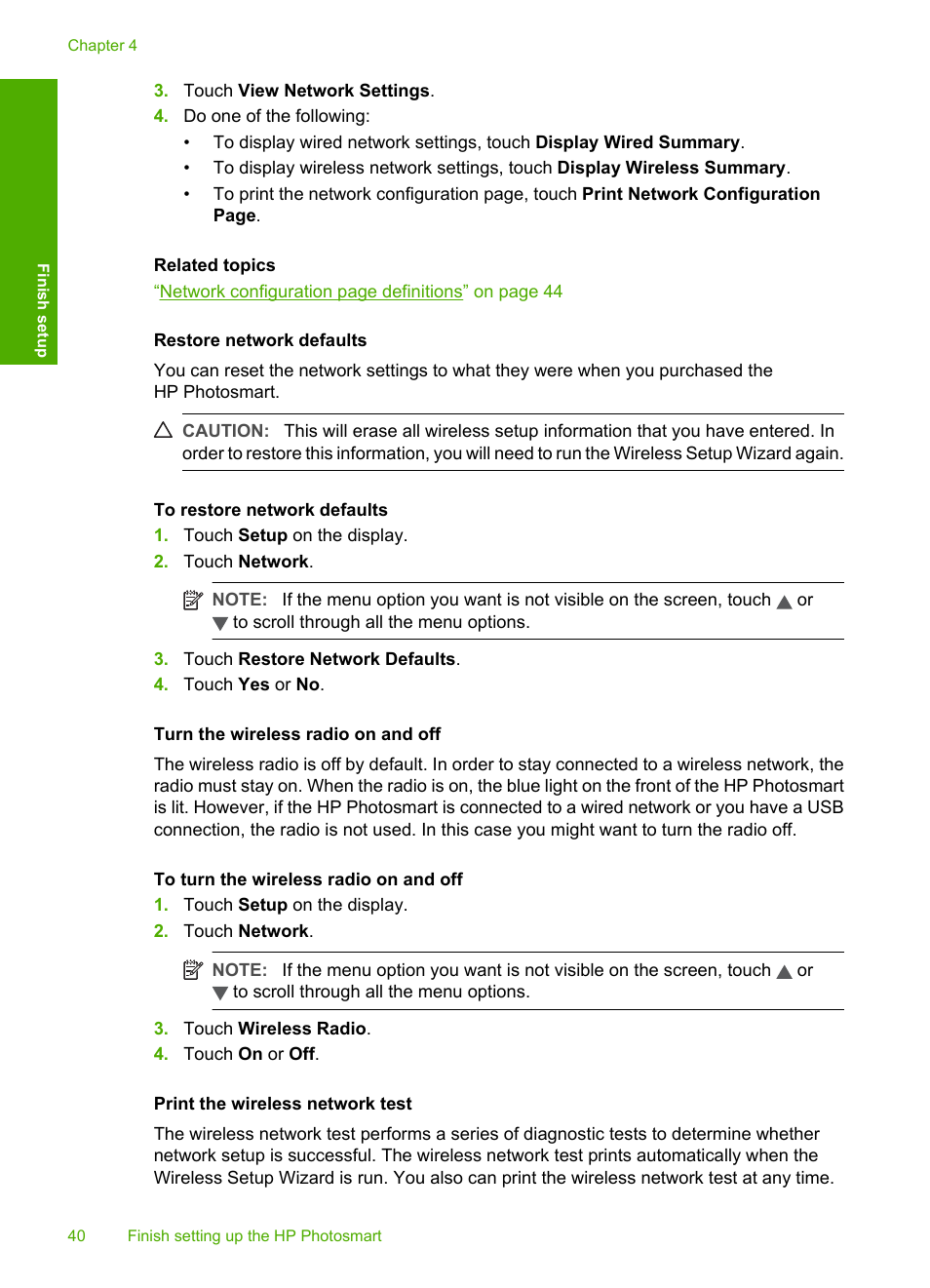 Restore network defaults, Turn the wireless radio on and off, Print the wireless network test | HP Photosmart D7460 Printer User Manual | Page 41 / 191
