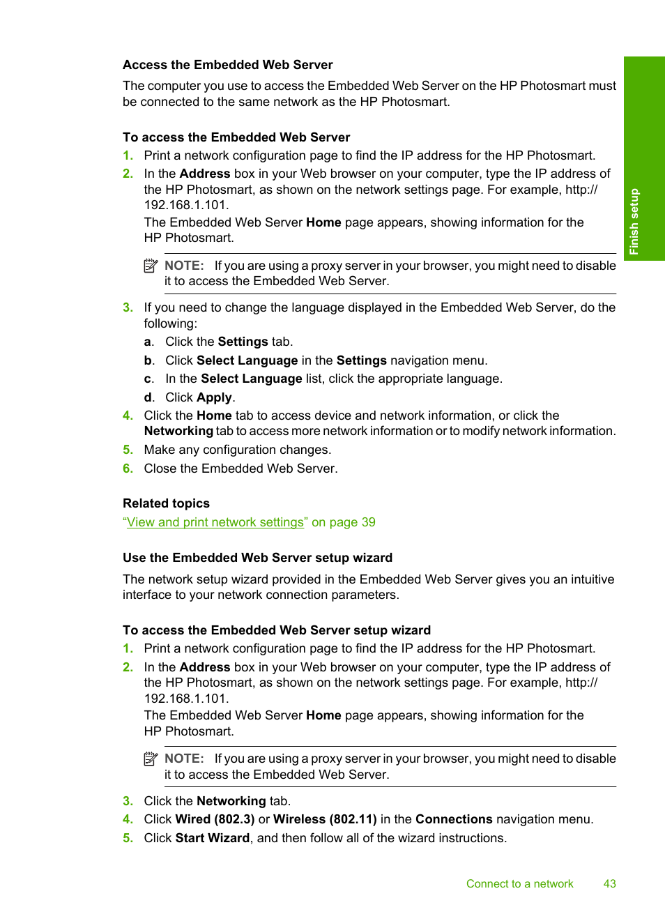 Access the embedded web server, Use the embedded web server setup wizard | HP Photosmart D7460 Printer User Manual | Page 44 / 191