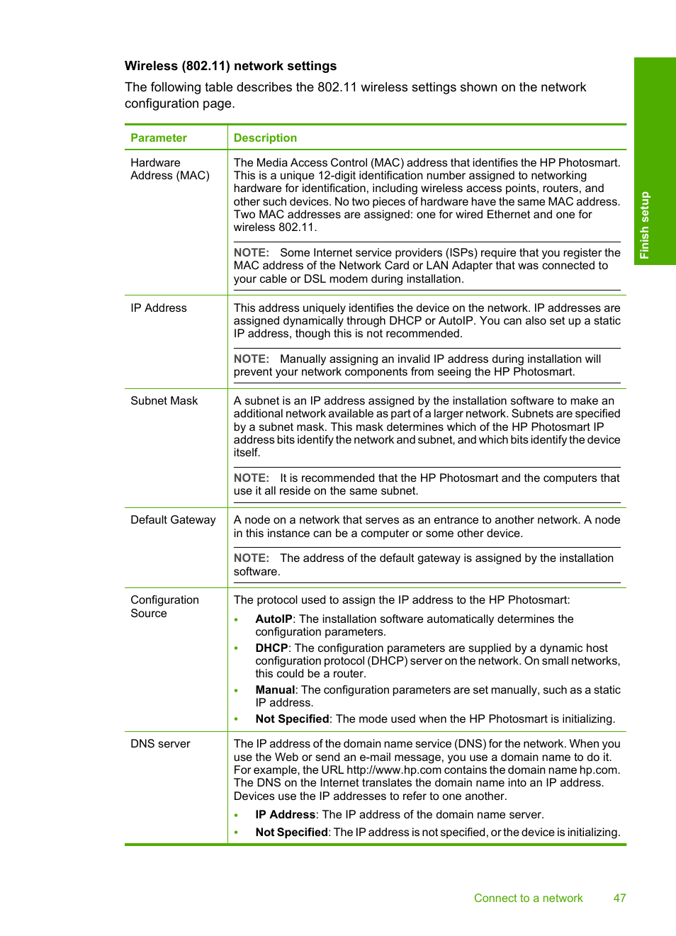 Wireless (802.11) network settings | HP Photosmart D7460 Printer User Manual | Page 48 / 191