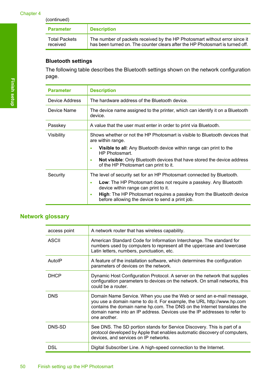 Network glossary, Bluetooth settings | HP Photosmart D7460 Printer User Manual | Page 51 / 191