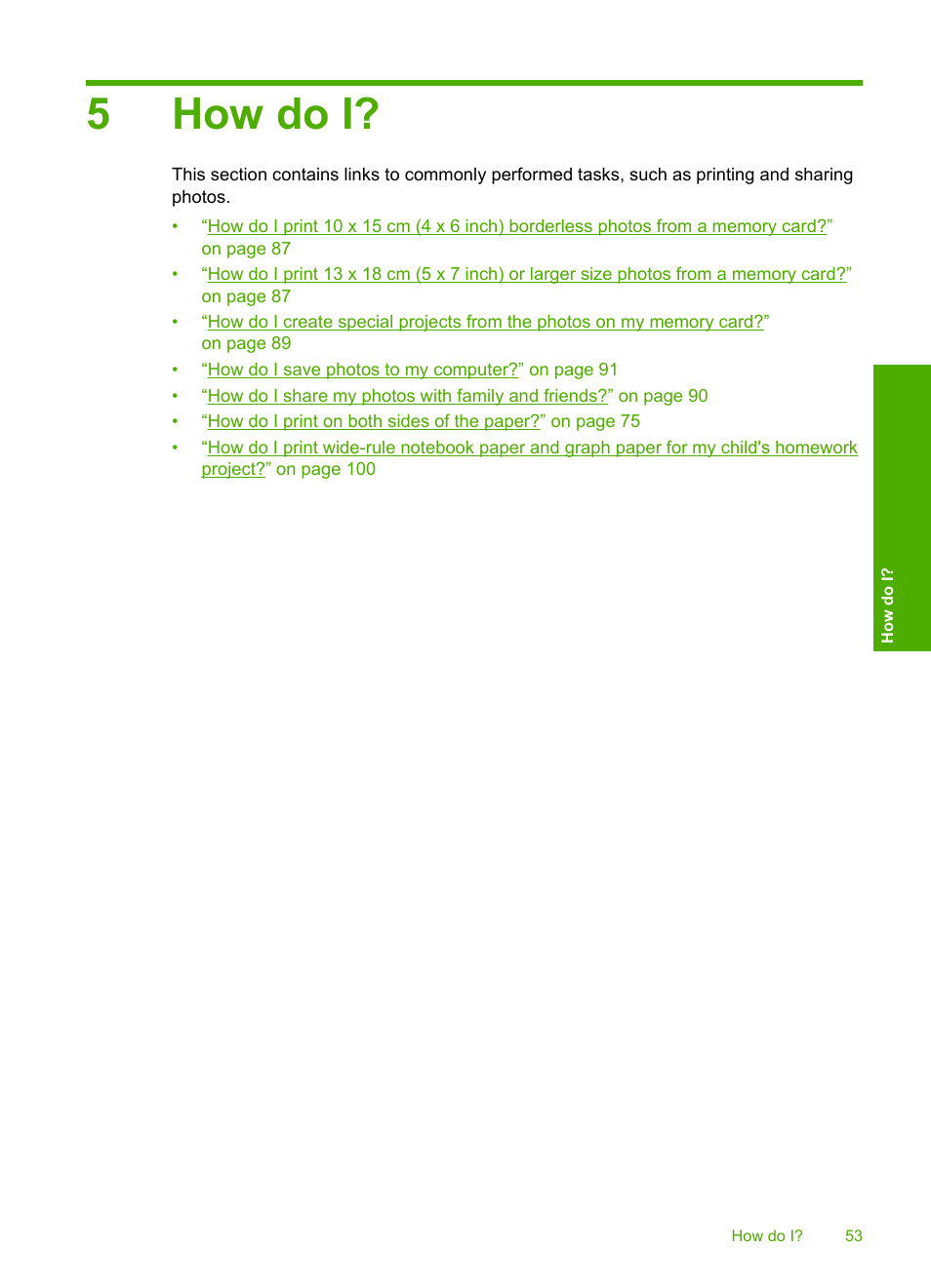 How do i, 5 how do i, 5how do i | HP Photosmart D7460 Printer User Manual | Page 54 / 191