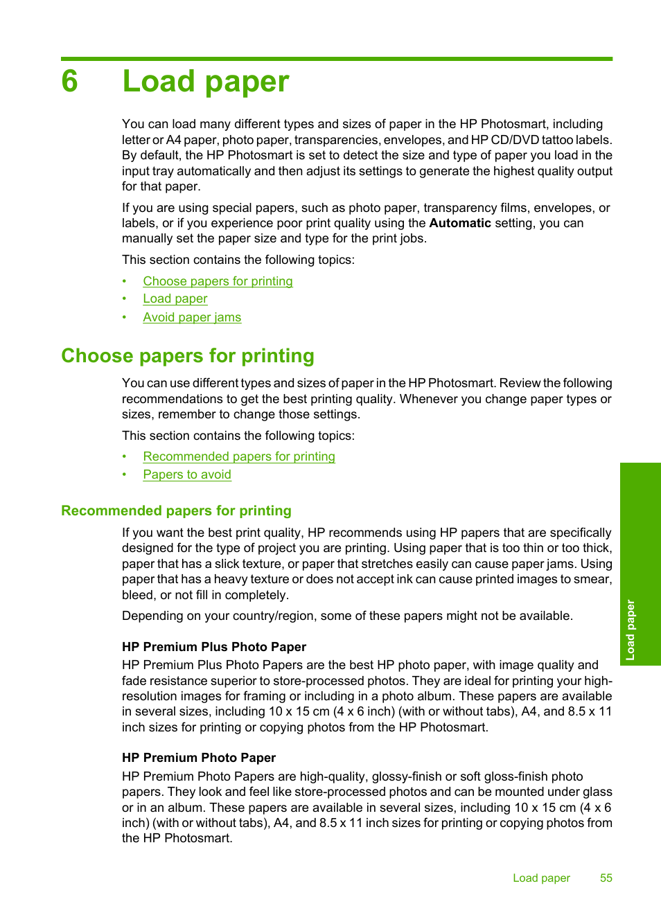 Load paper, Choose papers for printing, Recommended papers for printing | 6 load paper, Recommended papers for printing papers to avoid, 6load paper | HP Photosmart D7460 Printer User Manual | Page 56 / 191