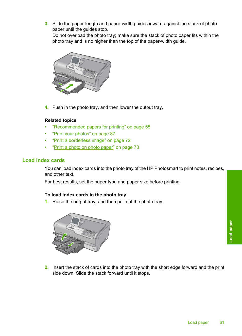 Load index cards | HP Photosmart D7460 Printer User Manual | Page 62 / 191