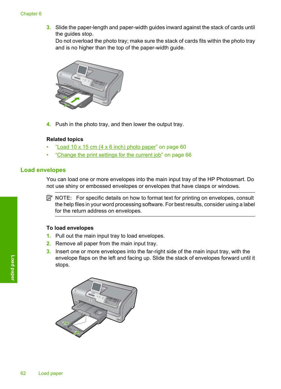 Load envelopes | HP Photosmart D7460 Printer User Manual | Page 63 / 191