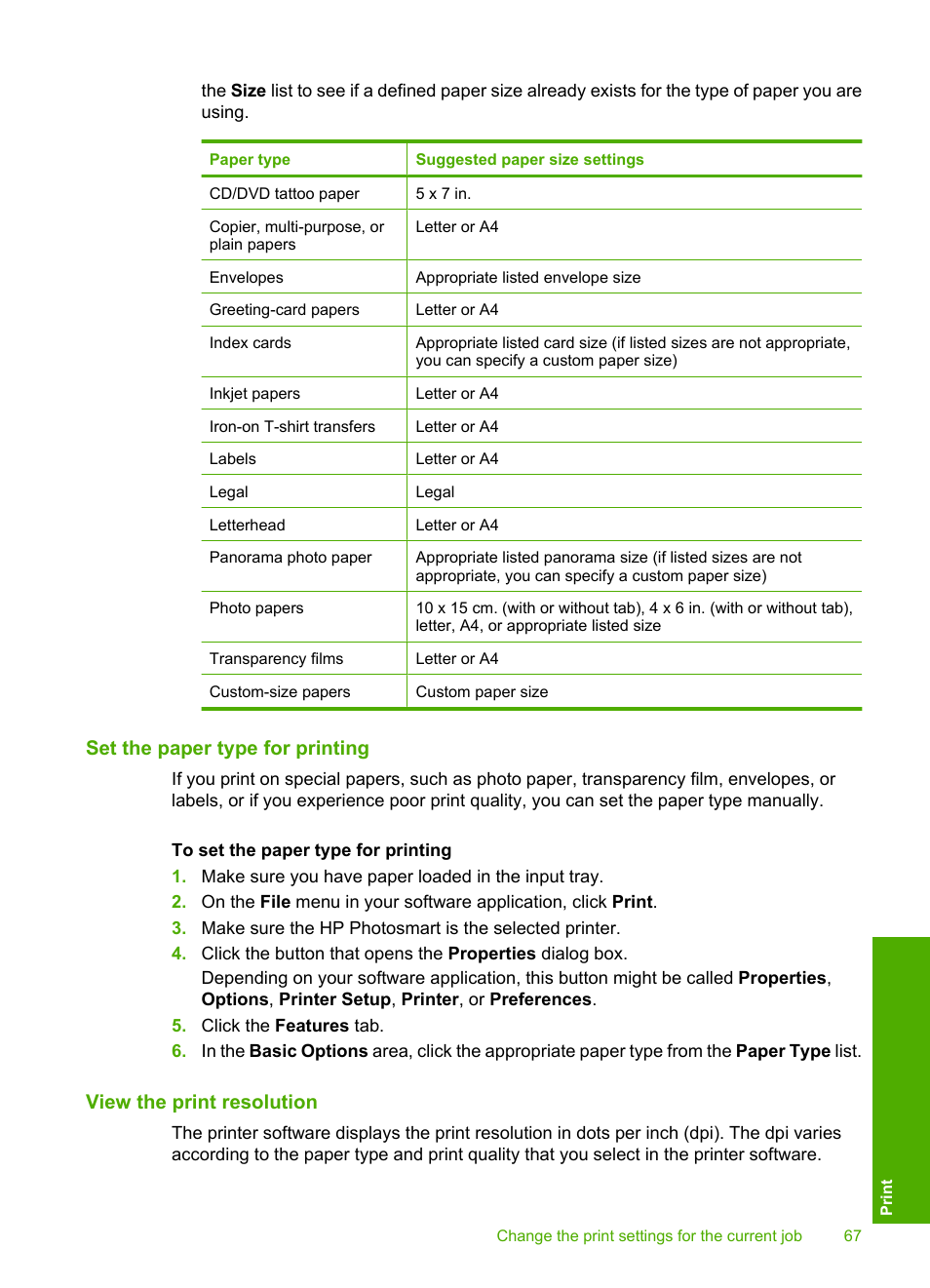 Set the paper type for printing, View the print resolution | HP Photosmart D7460 Printer User Manual | Page 68 / 191