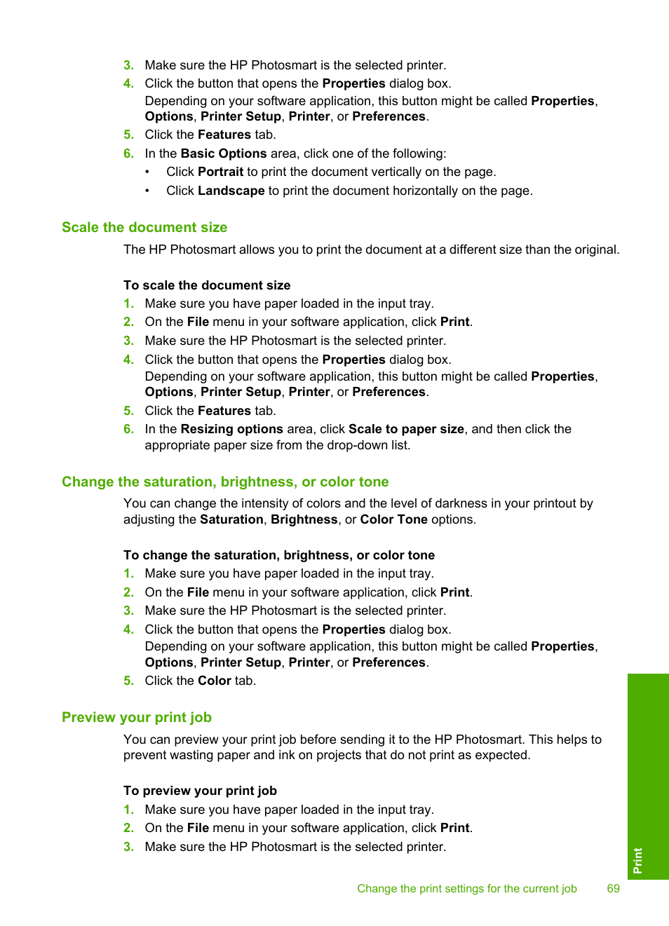 Scale the document size, Change the saturation, brightness, or color tone, Preview your print job | HP Photosmart D7460 Printer User Manual | Page 70 / 191