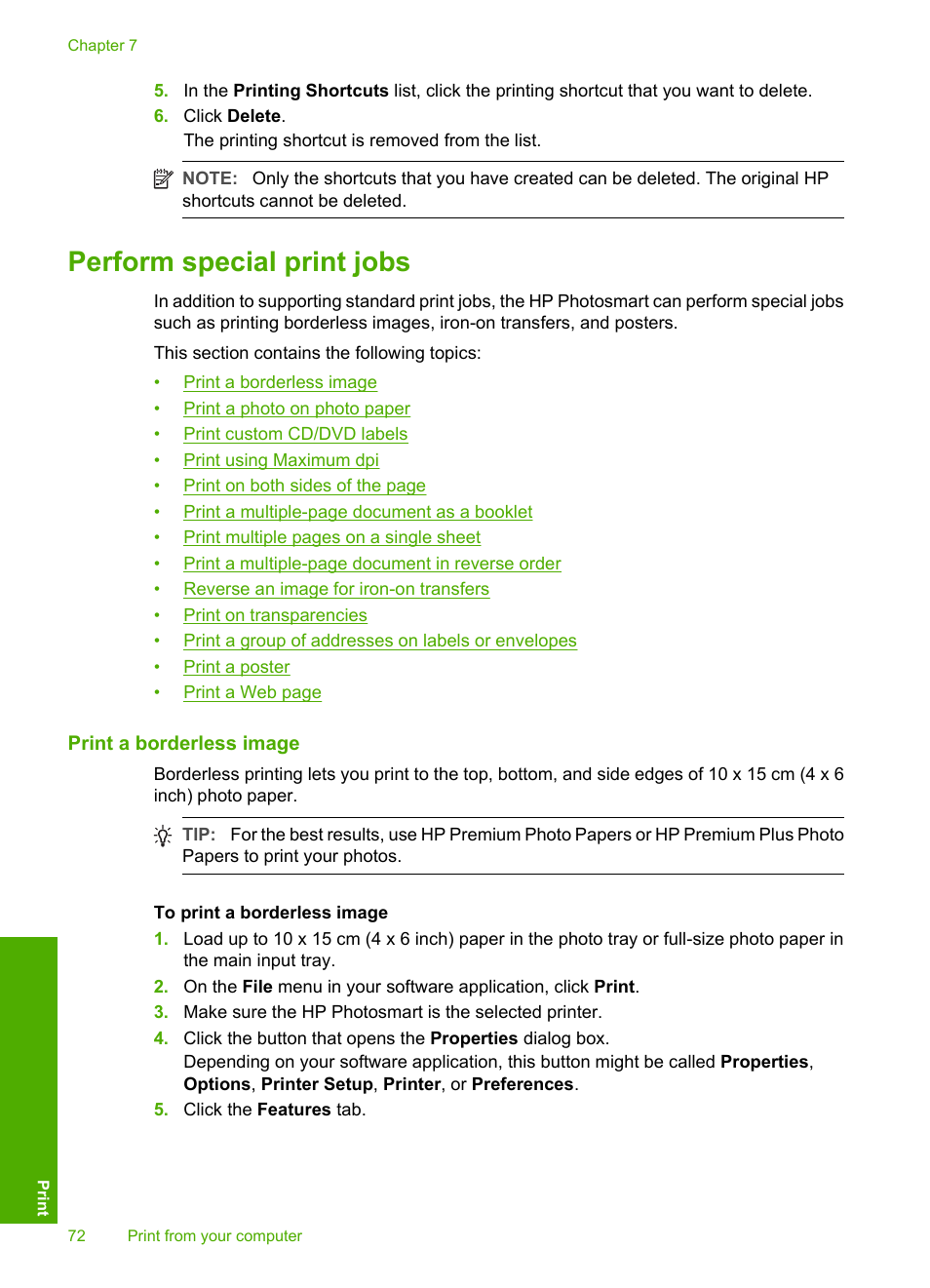 Perform special print jobs, Print a borderless image | HP Photosmart D7460 Printer User Manual | Page 73 / 191