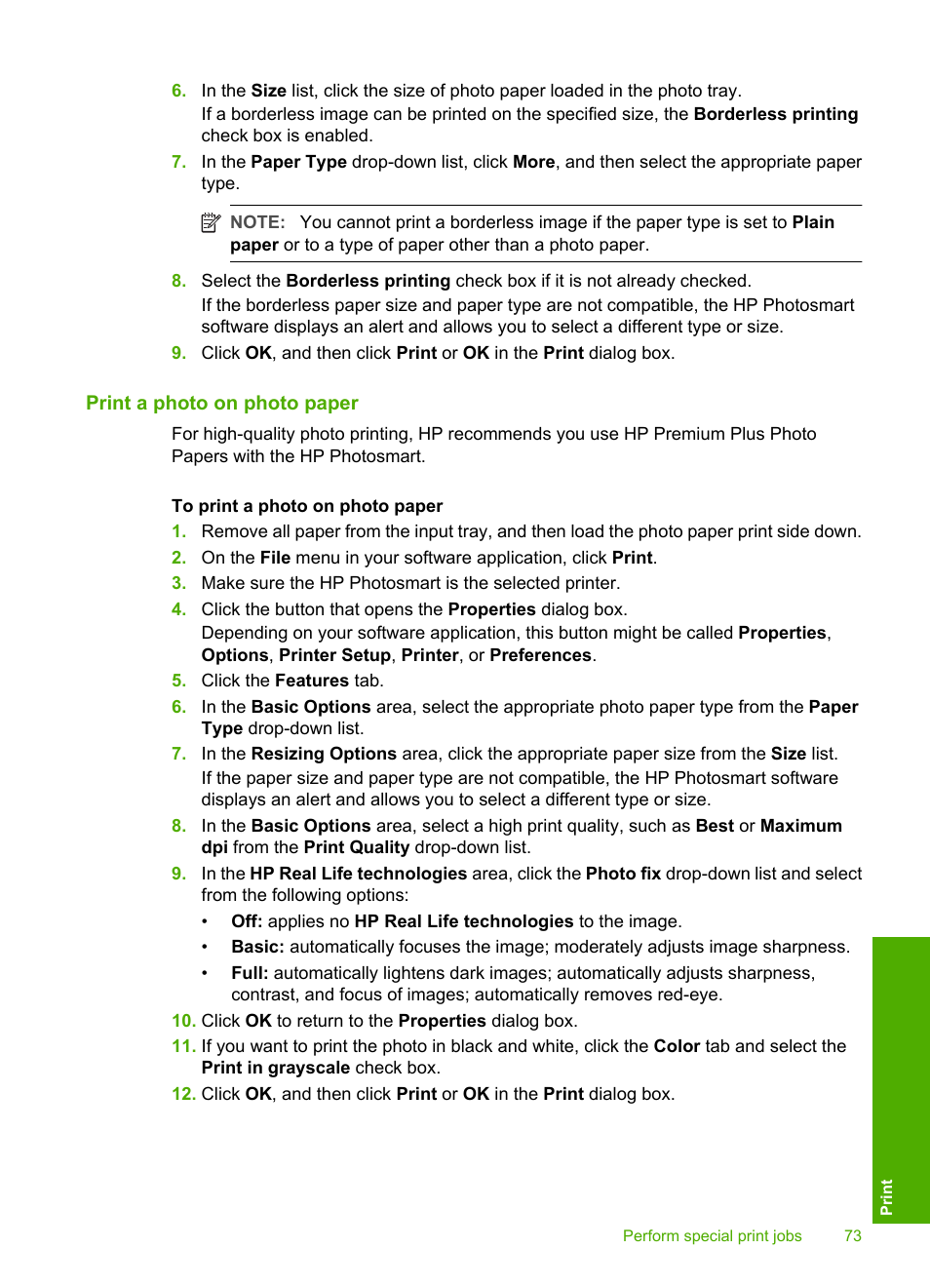 Print a photo on photo paper | HP Photosmart D7460 Printer User Manual | Page 74 / 191