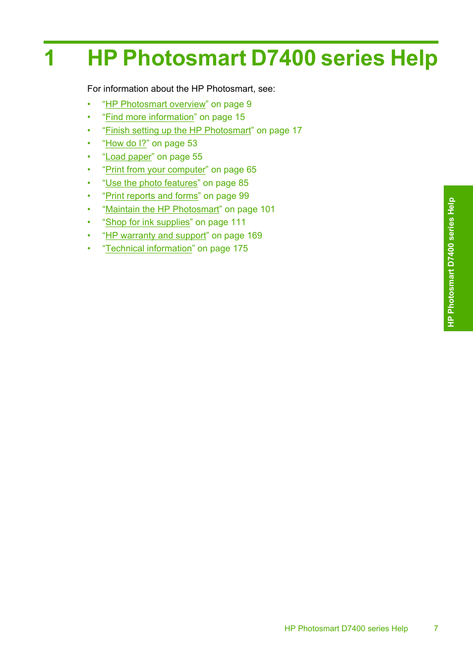 Hp photosmart d7400 series help, 1 hp photosmart d7400 series help | HP Photosmart D7460 Printer User Manual | Page 8 / 191