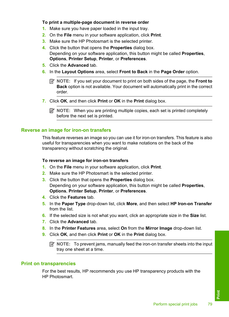 Reverse an image for iron-on transfers, Print on transparencies | HP Photosmart D7460 Printer User Manual | Page 80 / 191