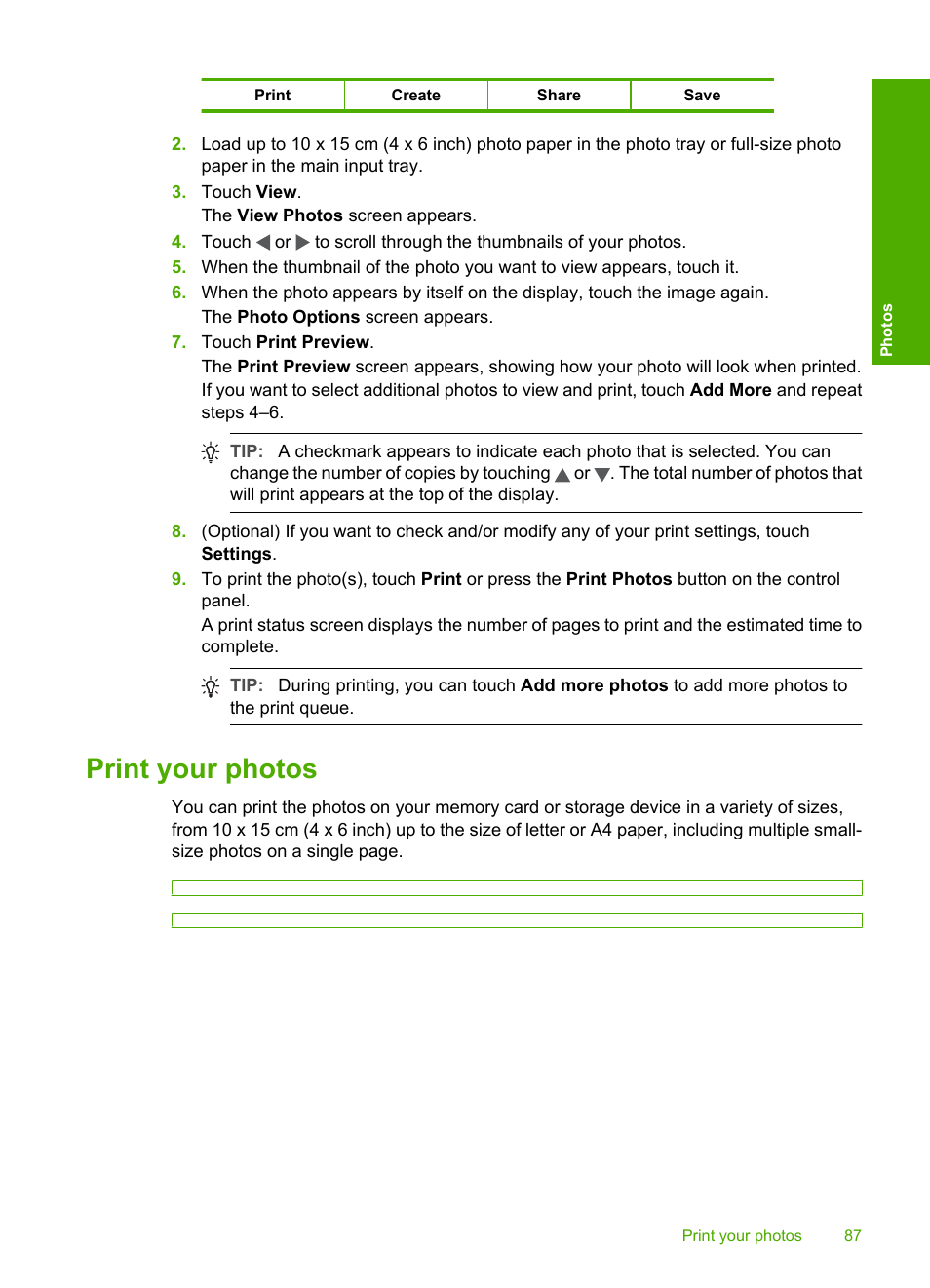 Print your photos | HP Photosmart D7460 Printer User Manual | Page 88 / 191