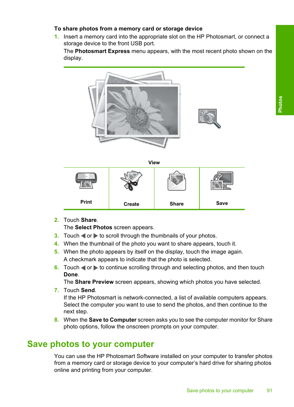 Save photos to your computer | HP Photosmart D7460 Printer User Manual | Page 92 / 191