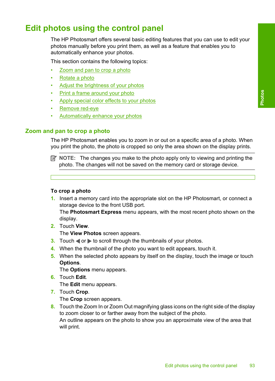 Edit photos using the control panel, Zoom and pan to crop a photo | HP Photosmart D7460 Printer User Manual | Page 94 / 191