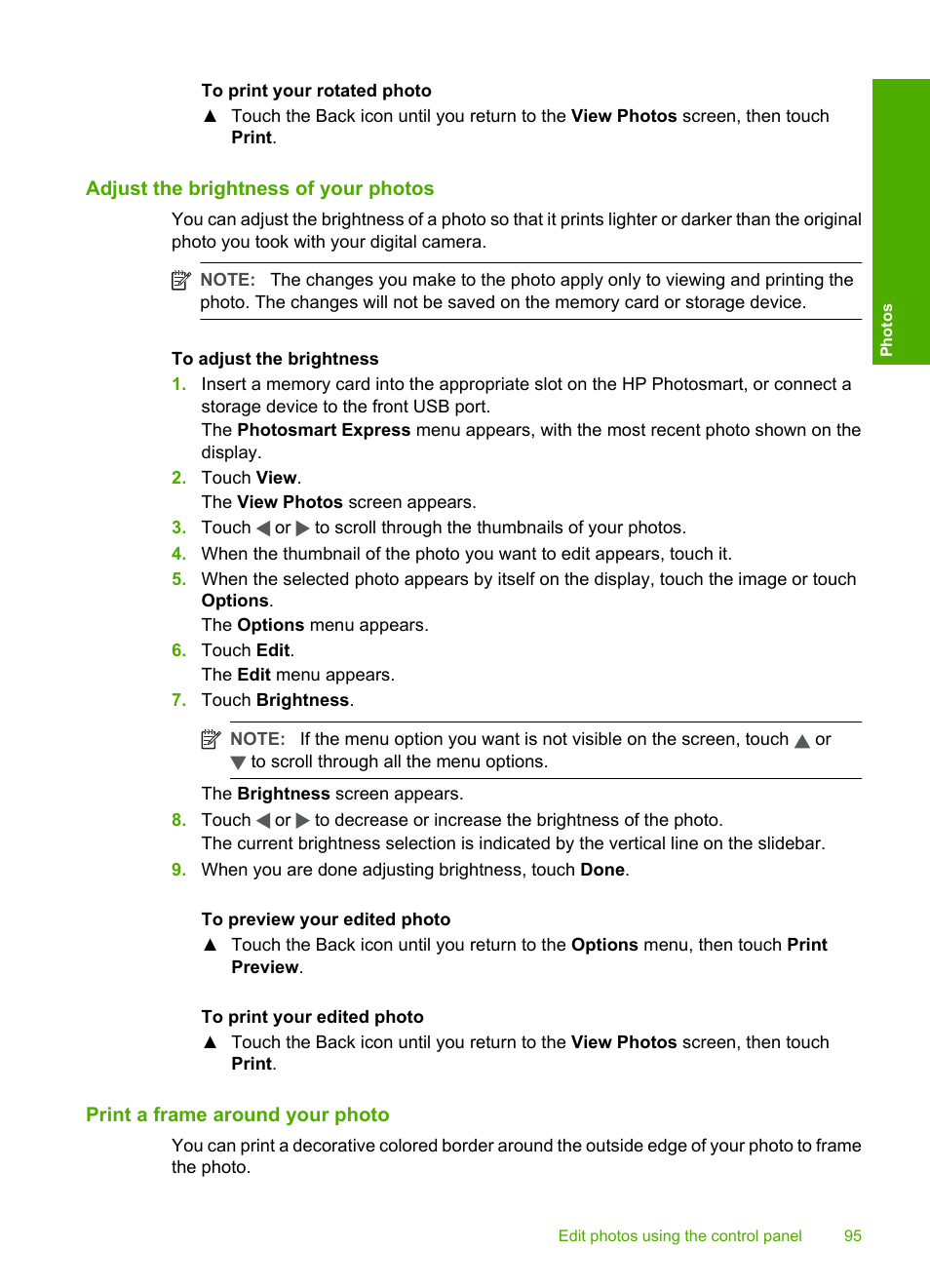 Adjust the brightness of your photos, Print a frame around your photo | HP Photosmart D7460 Printer User Manual | Page 96 / 191