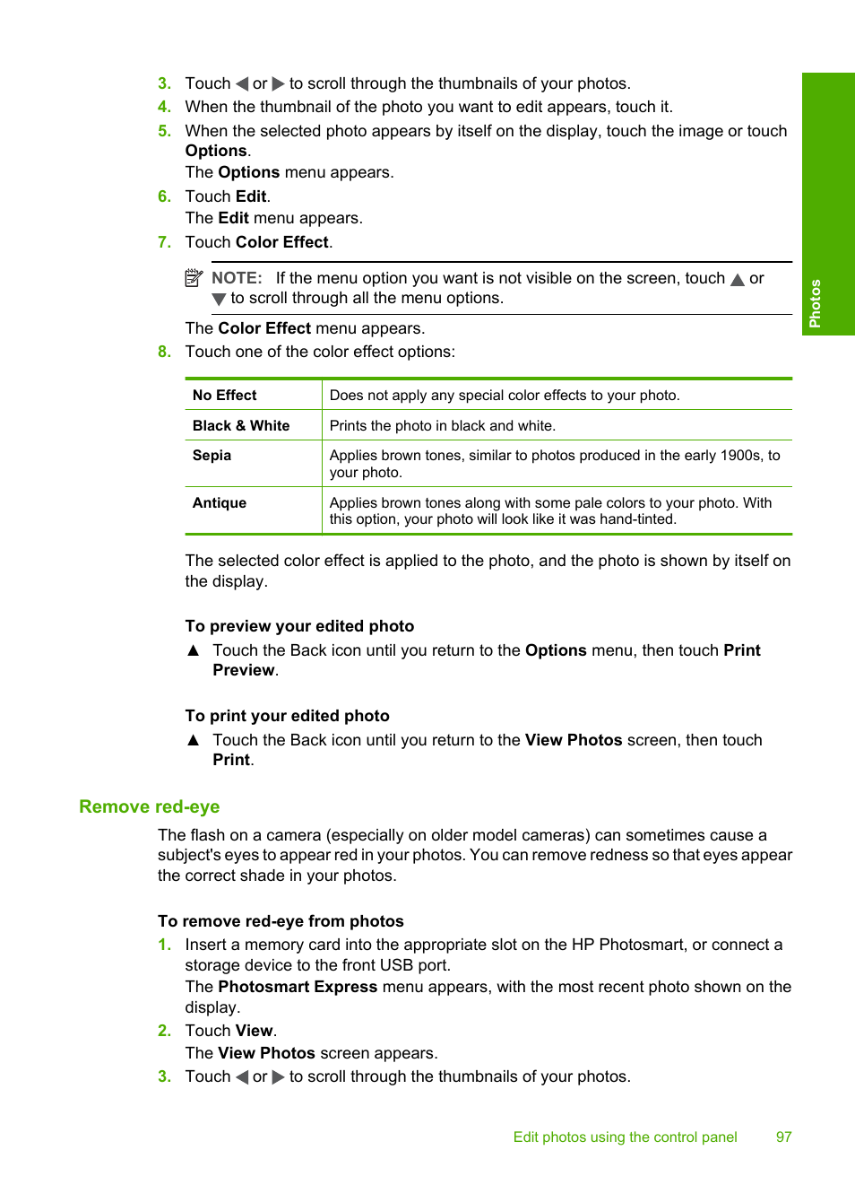 Remove red‐eye, Remove red-eye | HP Photosmart D7460 Printer User Manual | Page 98 / 191