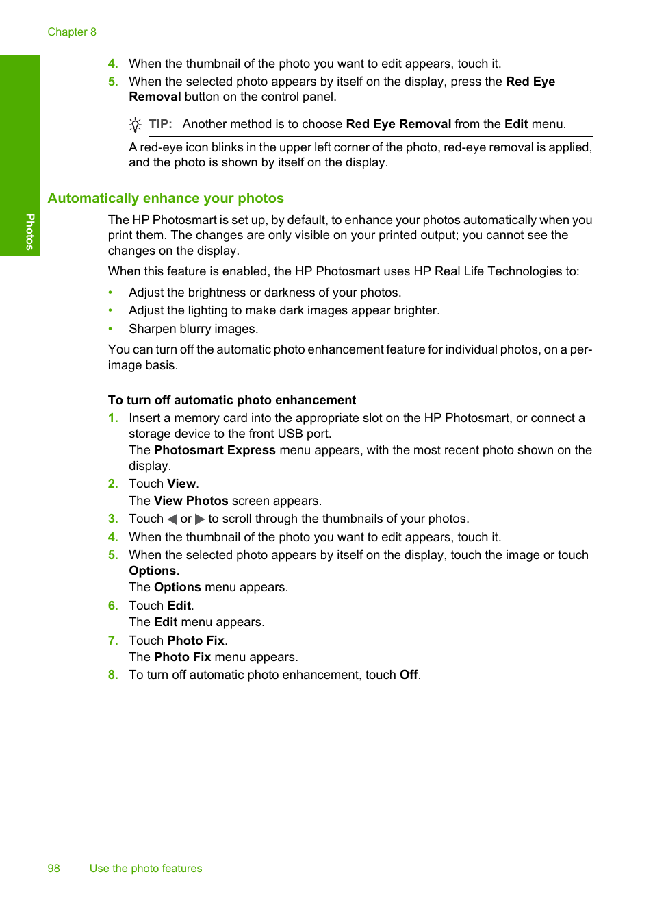 Automatically enhance your photos | HP Photosmart D7460 Printer User Manual | Page 99 / 191