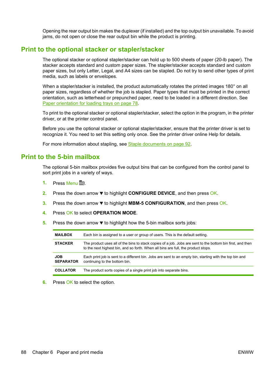 Print to the optional stacker or stapler/stacker, Print to the 5-bin mailbox | HP LaserJet P4015 Printer series User Manual | Page 100 / 246
