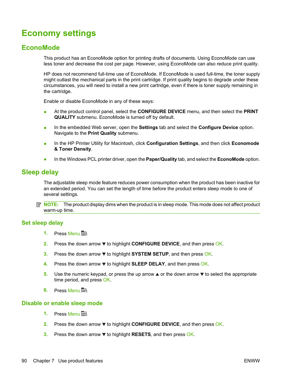 Economy settings, Economode, Sleep delay | Set sleep delay, Disable or enable sleep mode, Economode sleep delay | HP LaserJet P4015 Printer series User Manual | Page 102 / 246