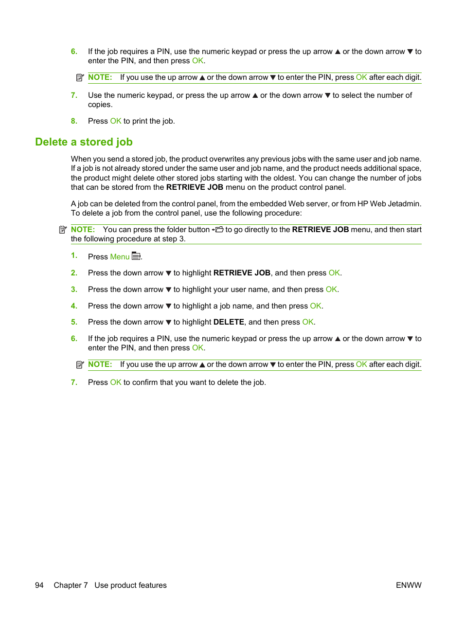 Delete a stored job | HP LaserJet P4015 Printer series User Manual | Page 106 / 246