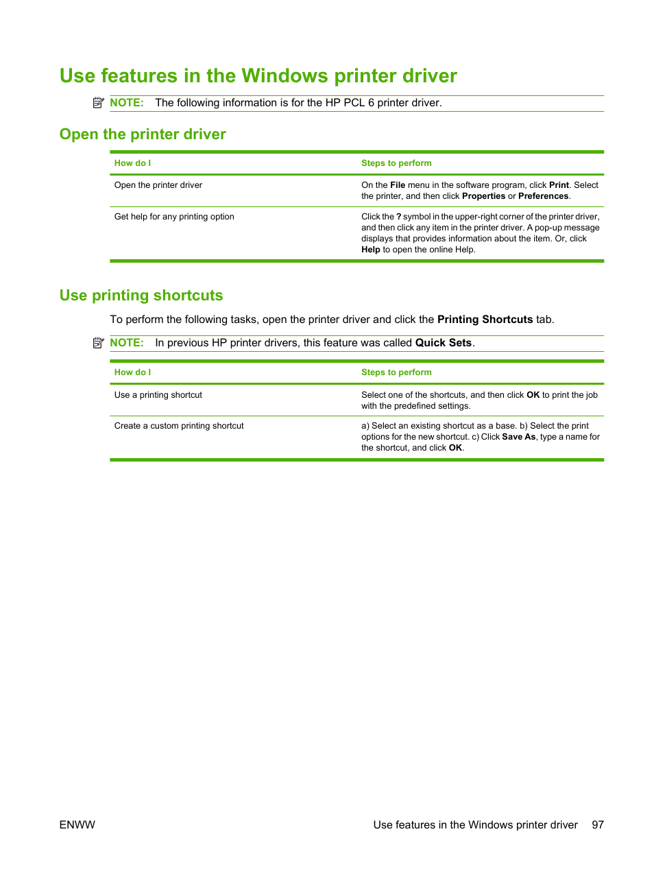 Use features in the windows printer driver, Open the printer driver, Use printing shortcuts | Open the printer driver use printing shortcuts | HP LaserJet P4015 Printer series User Manual | Page 109 / 246