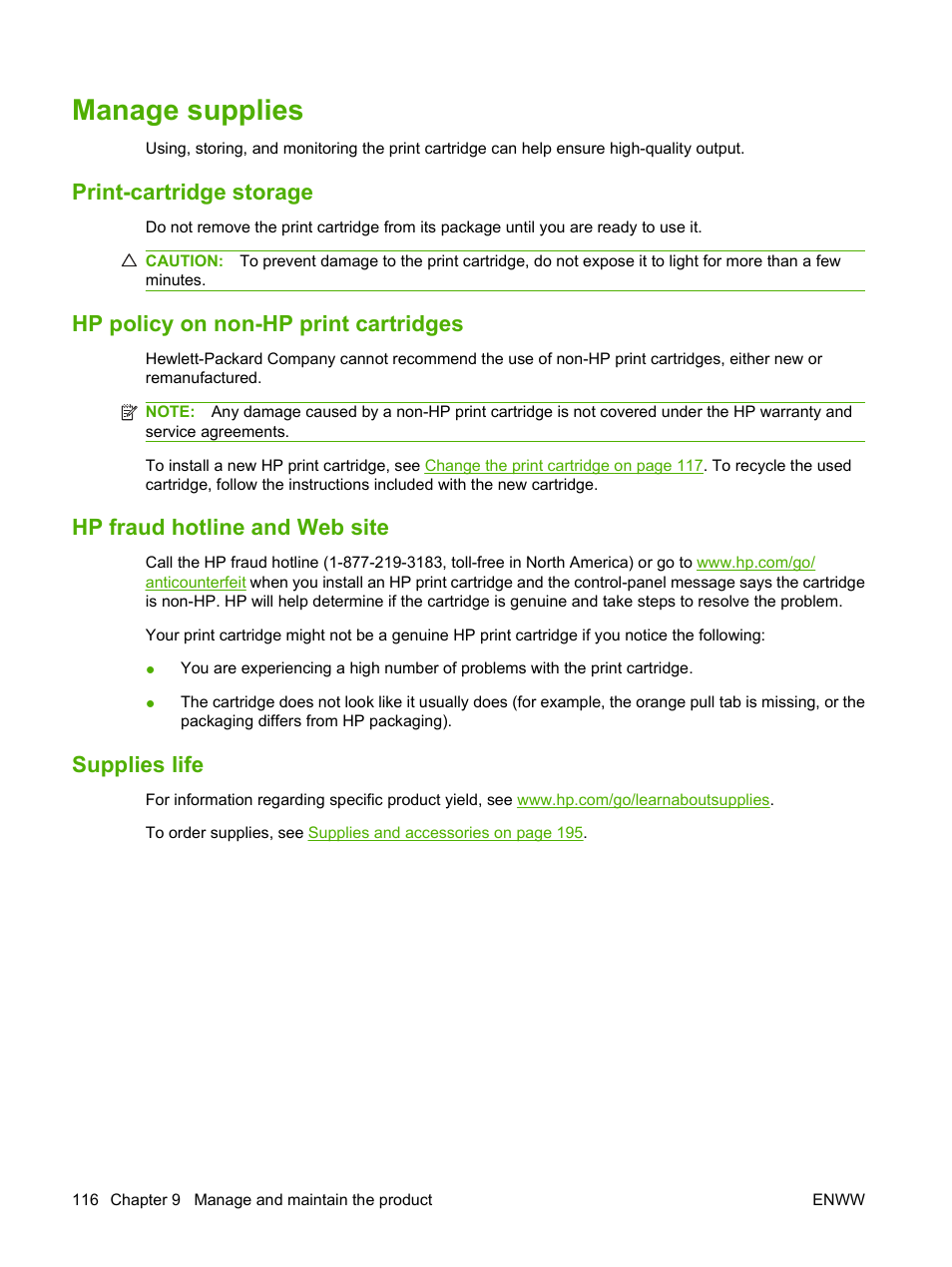 Manage supplies, Print-cartridge storage, Hp policy on non-hp print cartridges | Hp fraud hotline and web site, Supplies life | HP LaserJet P4015 Printer series User Manual | Page 128 / 246