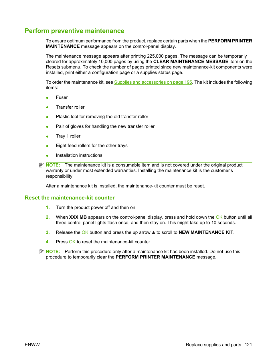 Perform preventive maintenance, Reset the maintenance-kit counter | HP LaserJet P4015 Printer series User Manual | Page 133 / 246