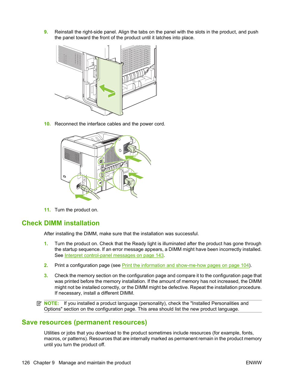 Check dimm installation, Save resources (permanent resources) | HP LaserJet P4015 Printer series User Manual | Page 138 / 246