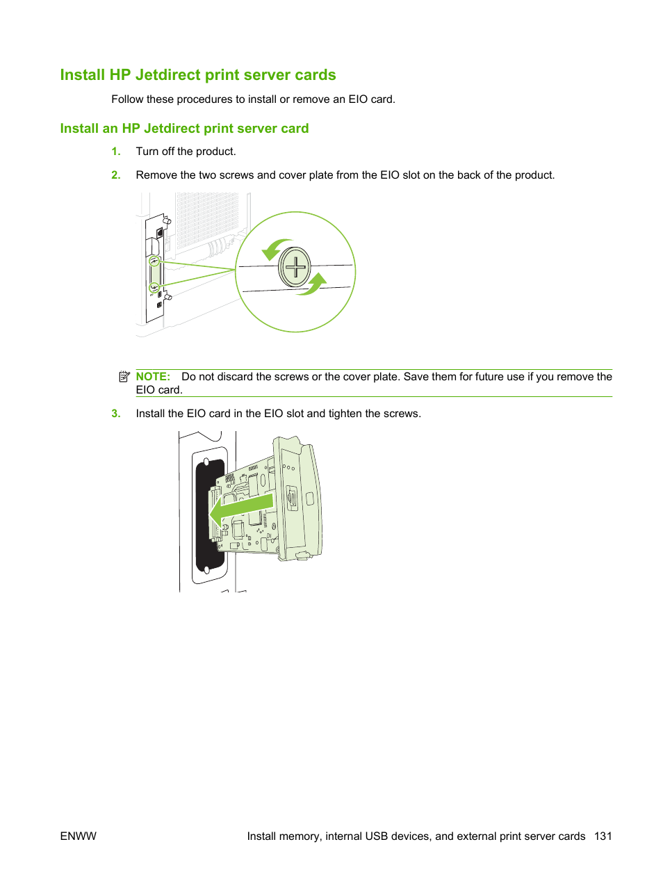 Install hp jetdirect print server cards, Install an hp jetdirect print server card | HP LaserJet P4015 Printer series User Manual | Page 143 / 246