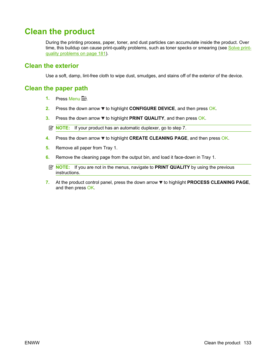 Clean the product, Clean the exterior, Clean the paper path | Clean the exterior clean the paper path | HP LaserJet P4015 Printer series User Manual | Page 145 / 246