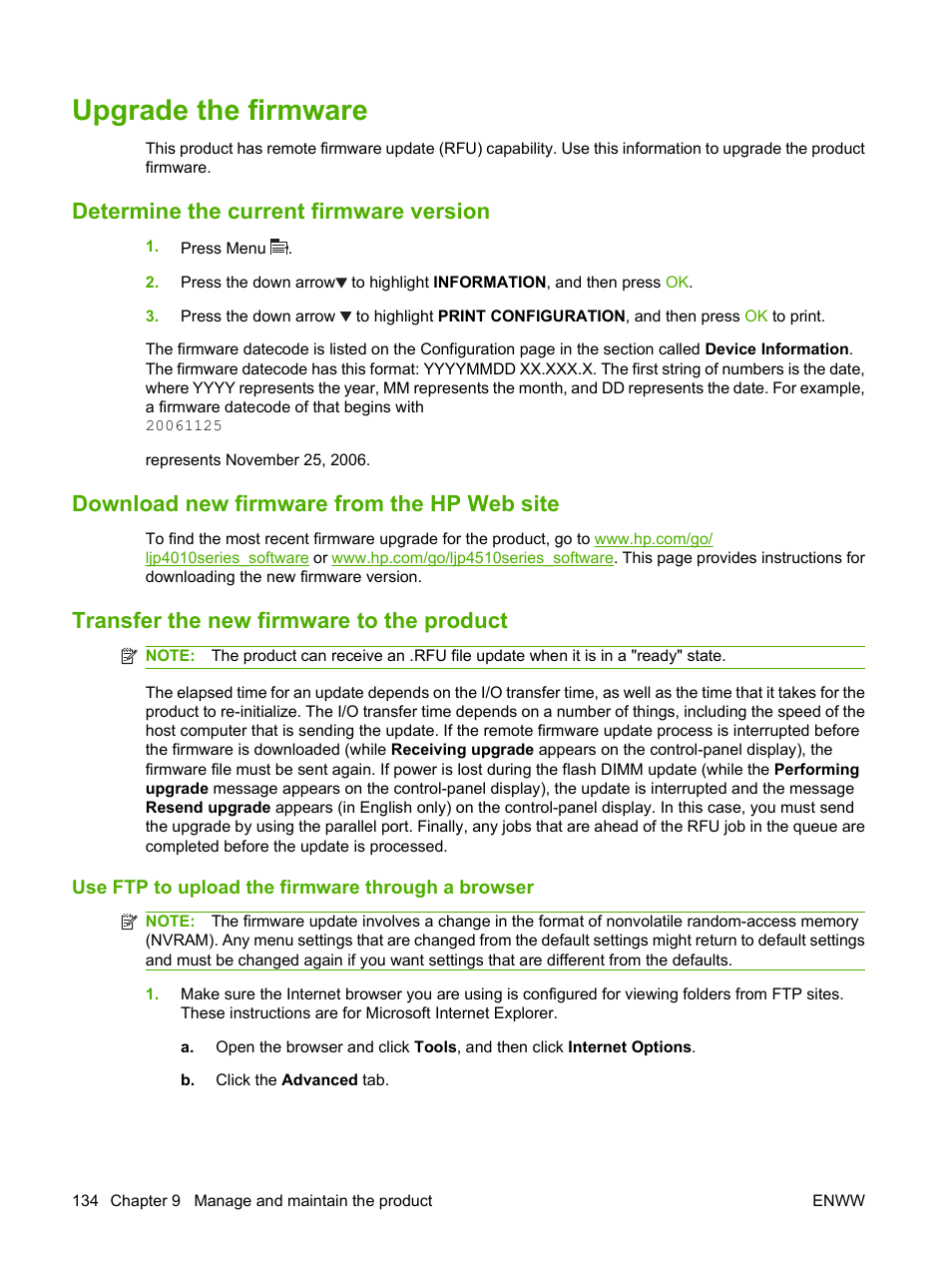Upgrade the firmware, Determine the current firmware version, Download new firmware from the hp web site | Transfer the new firmware to the product, Use ftp to upload the firmware through a browser | HP LaserJet P4015 Printer series User Manual | Page 146 / 246
