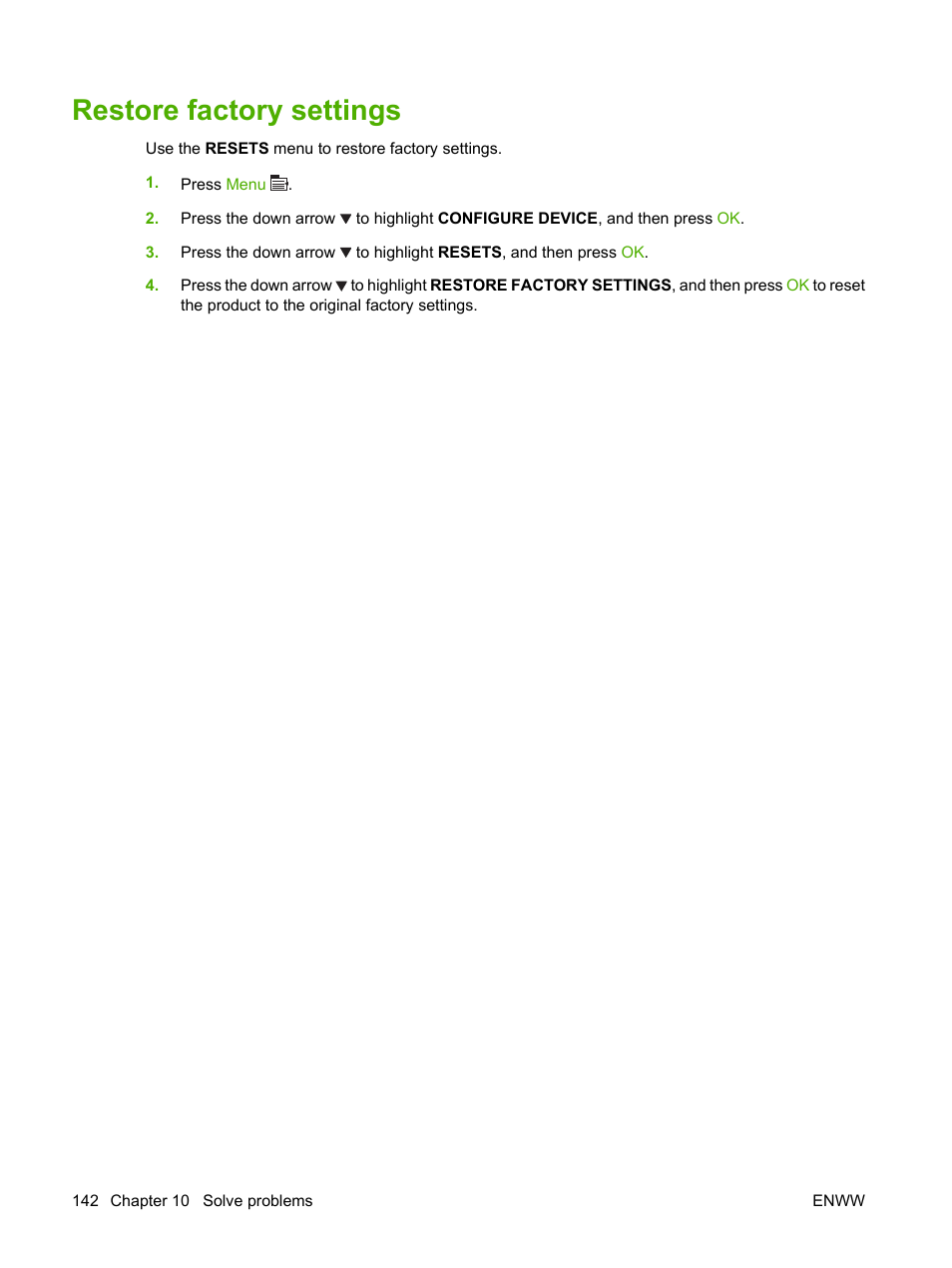 Restore factory settings | HP LaserJet P4015 Printer series User Manual | Page 154 / 246