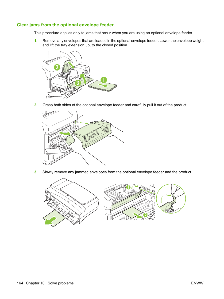 Clear jams from the optional envelope feeder | HP LaserJet P4015 Printer series User Manual | Page 176 / 246