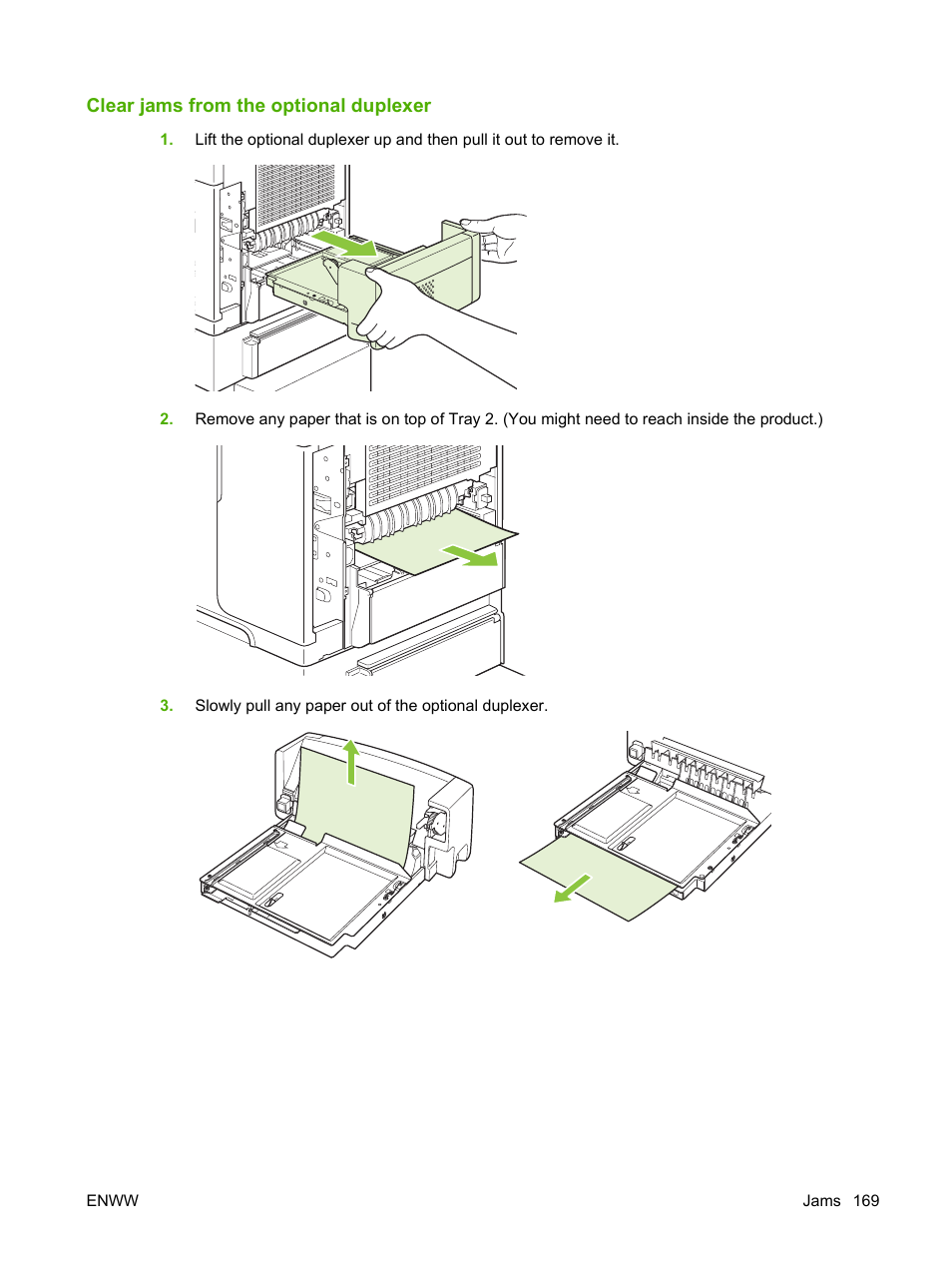 Clear jams from the optional duplexer | HP LaserJet P4015 Printer series User Manual | Page 181 / 246