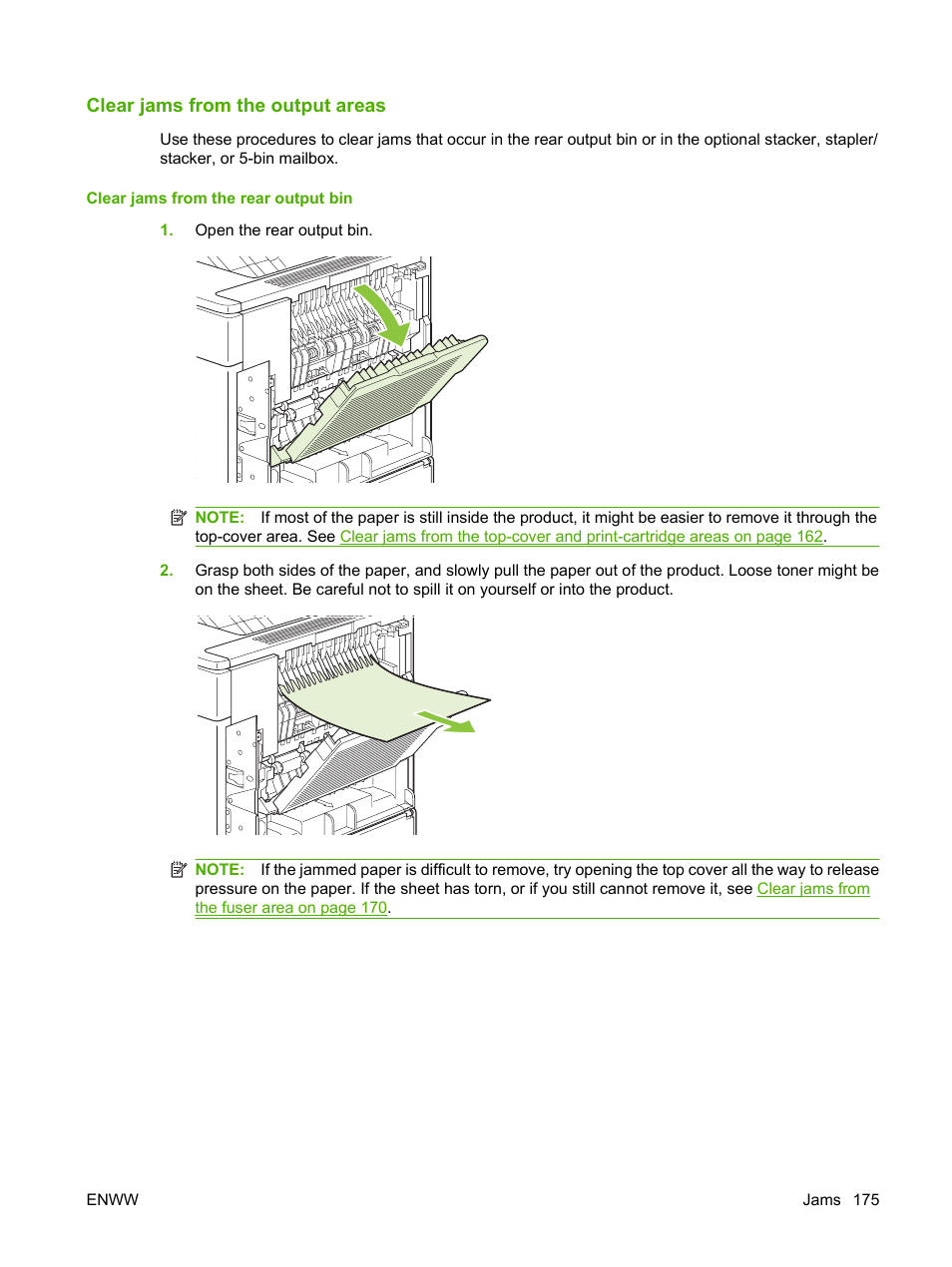 Clear jams from the output areas, Clear jams from the rear output bin | HP LaserJet P4015 Printer series User Manual | Page 187 / 246