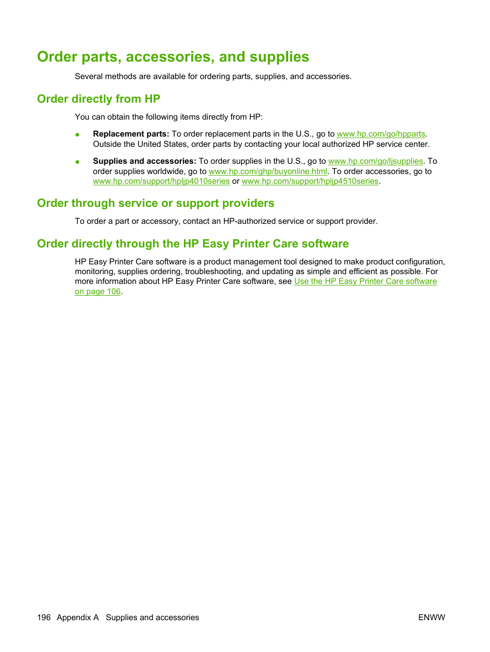 Order parts, accessories, and supplies, Order directly from hp, Order through service or support providers | HP LaserJet P4015 Printer series User Manual | Page 208 / 246