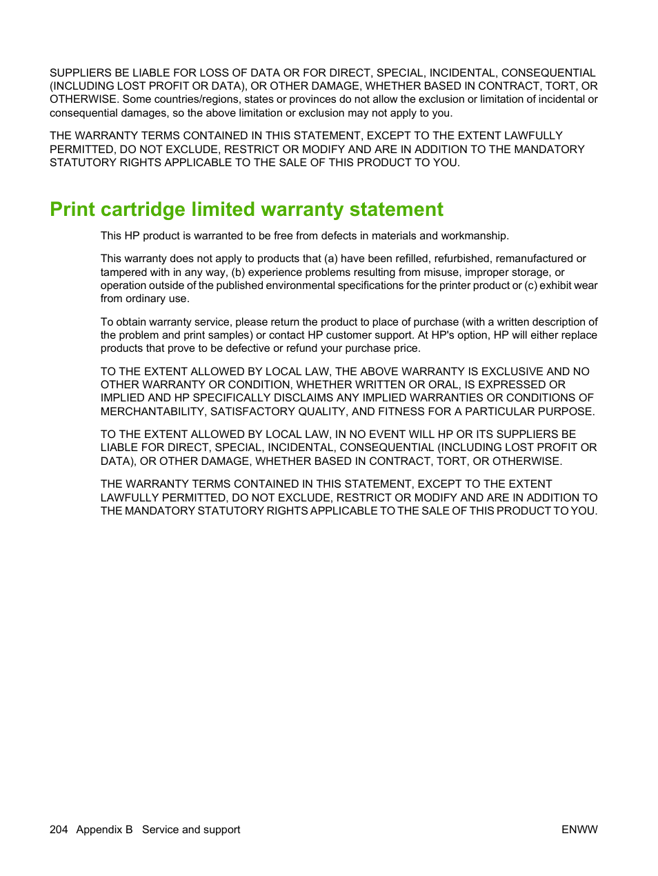 Print cartridge limited warranty statement | HP LaserJet P4015 Printer series User Manual | Page 216 / 246