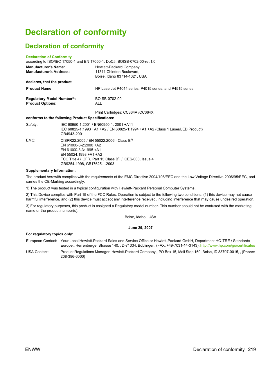 Declaration of conformity, Enww declaration of conformity 219 | HP LaserJet P4015 Printer series User Manual | Page 231 / 246