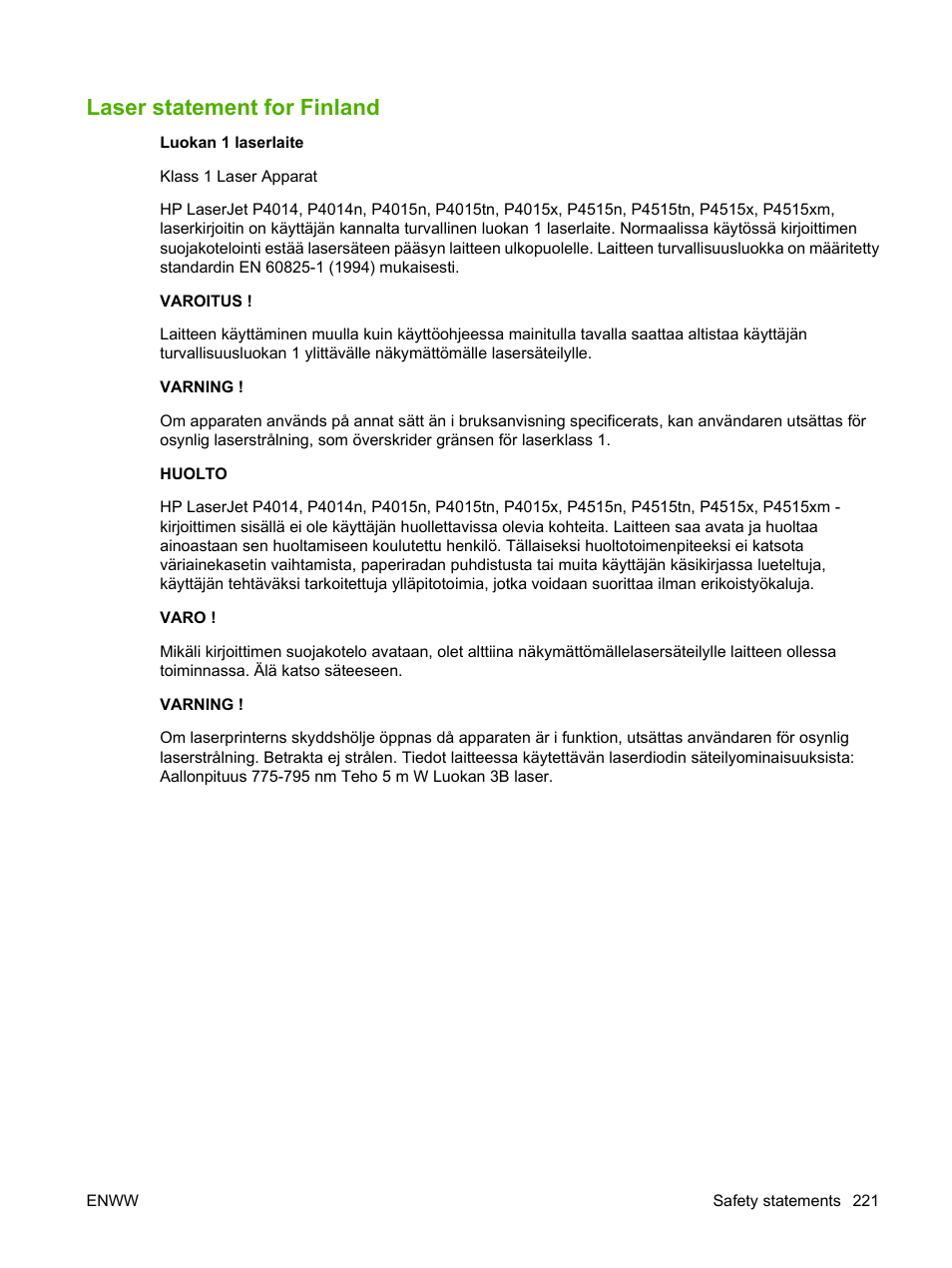 Laser statement for finland | HP LaserJet P4015 Printer series User Manual | Page 233 / 246