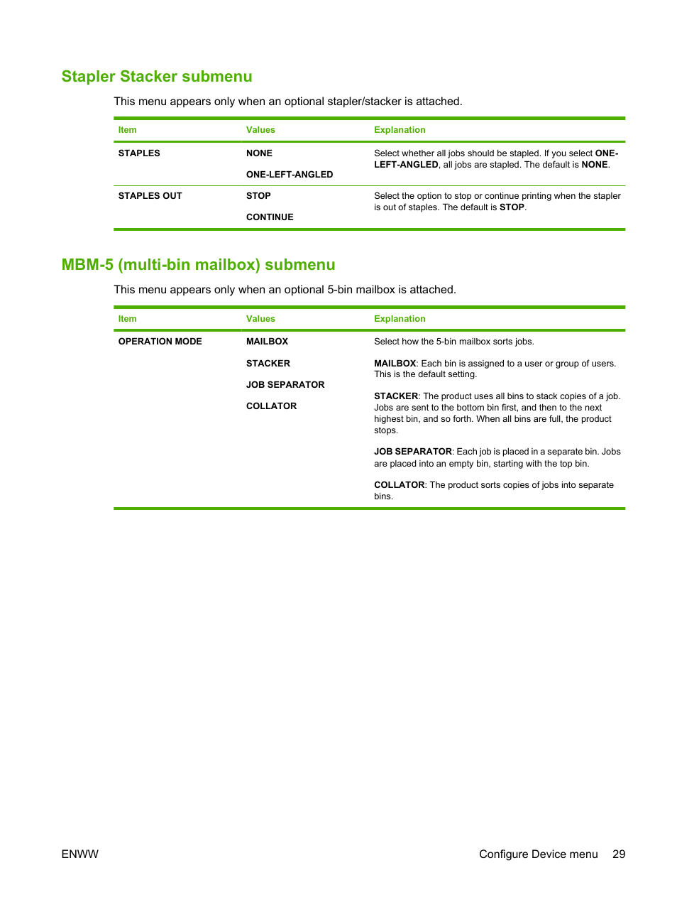 Stapler stacker submenu, Mbm-5 (multi-bin mailbox) submenu | HP LaserJet P4015 Printer series User Manual | Page 41 / 246
