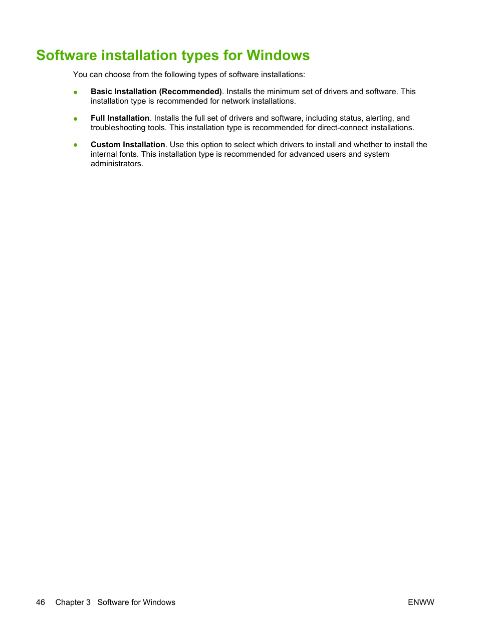 Software installation types for windows | HP LaserJet P4015 Printer series User Manual | Page 58 / 246