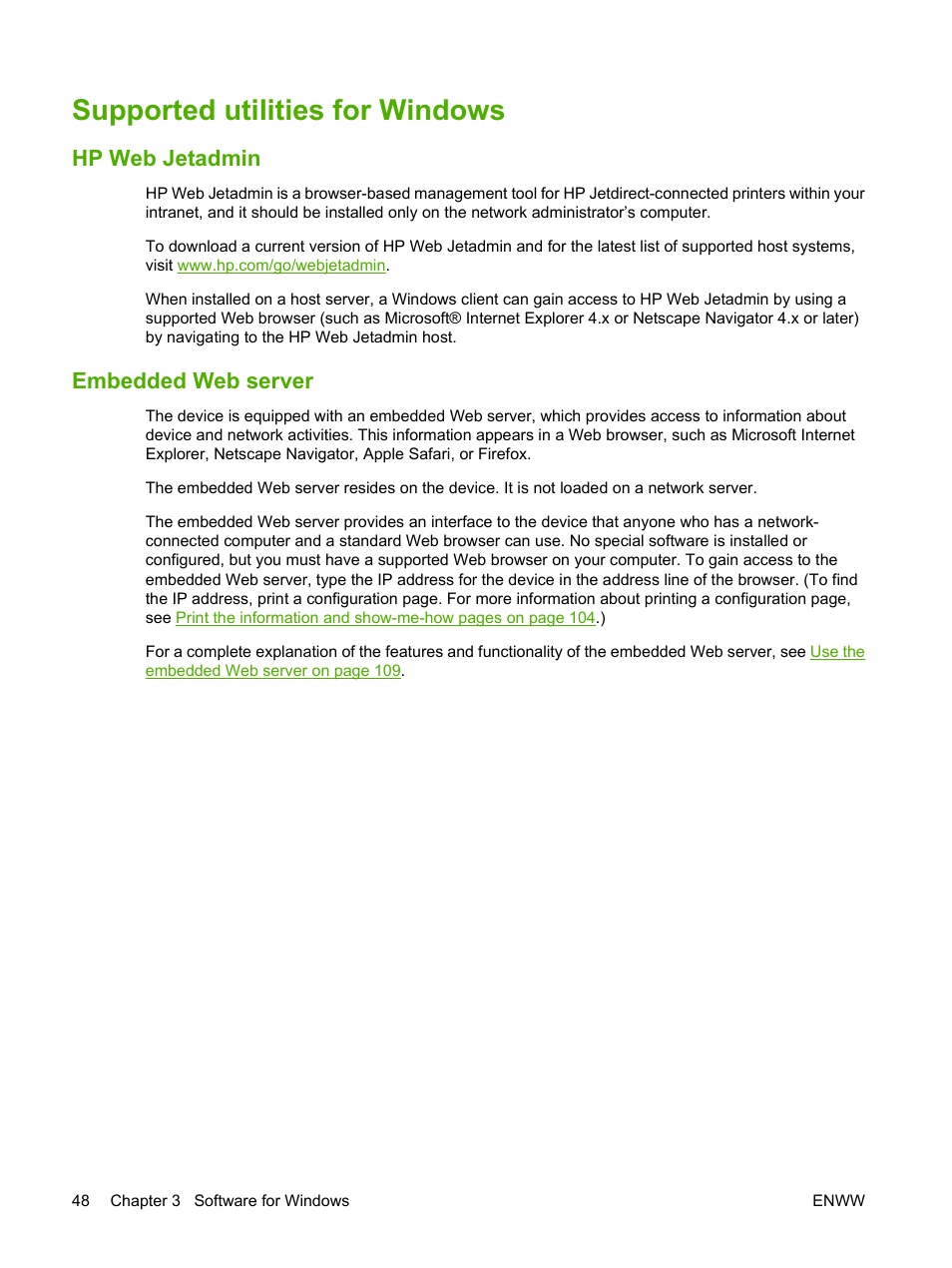 Supported utilities for windows, Hp web jetadmin, Embedded web server | Hp web jetadmin embedded web server | HP LaserJet P4015 Printer series User Manual | Page 60 / 246