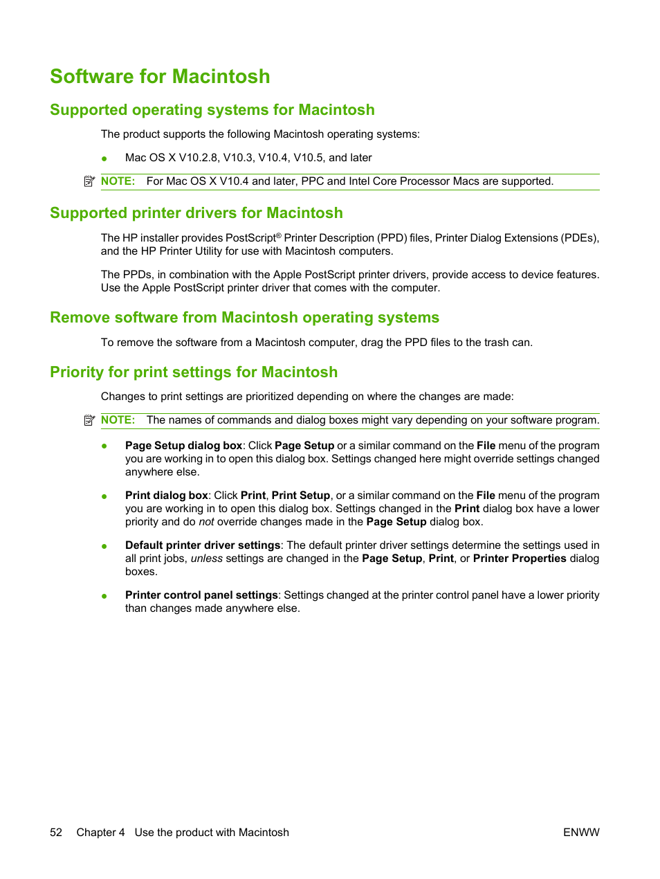 Software for macintosh, Supported operating systems for macintosh, Supported printer drivers for macintosh | Remove software from macintosh operating systems, Priority for print settings for macintosh | HP LaserJet P4015 Printer series User Manual | Page 64 / 246