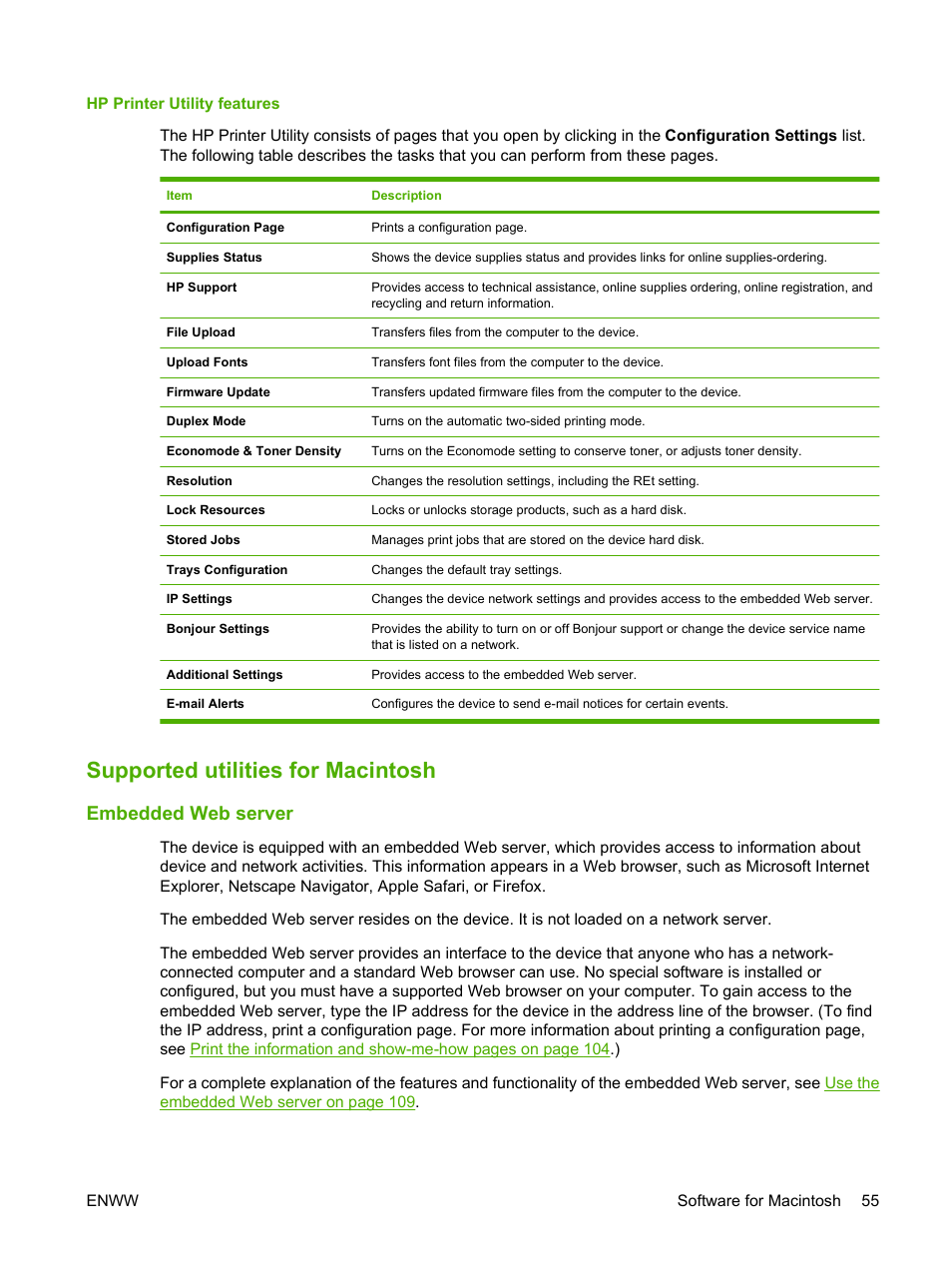 Hp printer utility features, Supported utilities for macintosh, Embedded web server | HP LaserJet P4015 Printer series User Manual | Page 67 / 246
