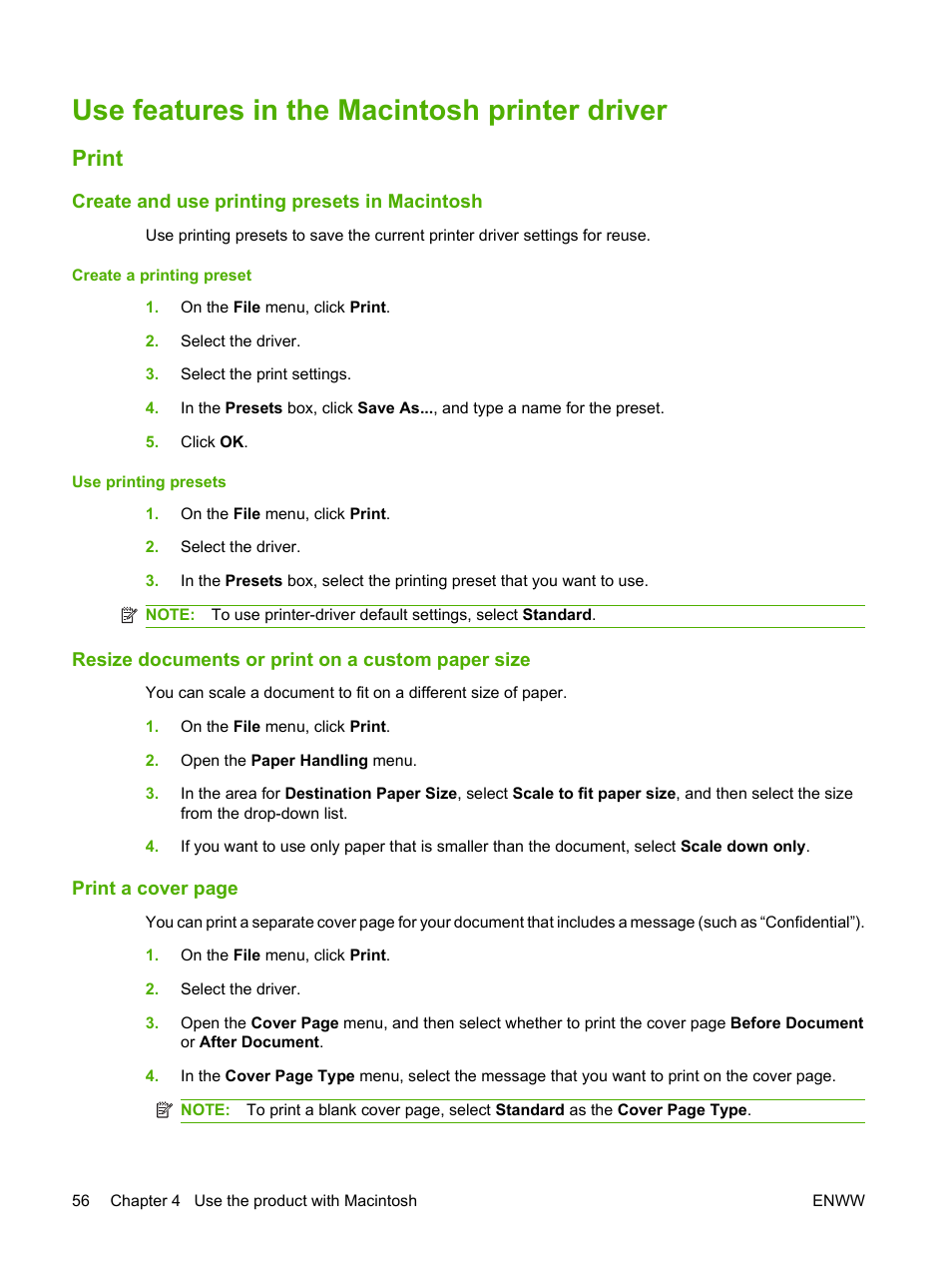 Use features in the macintosh printer driver, Print, Create and use printing presets in macintosh | Resize documents or print on a custom paper size | HP LaserJet P4015 Printer series User Manual | Page 68 / 246