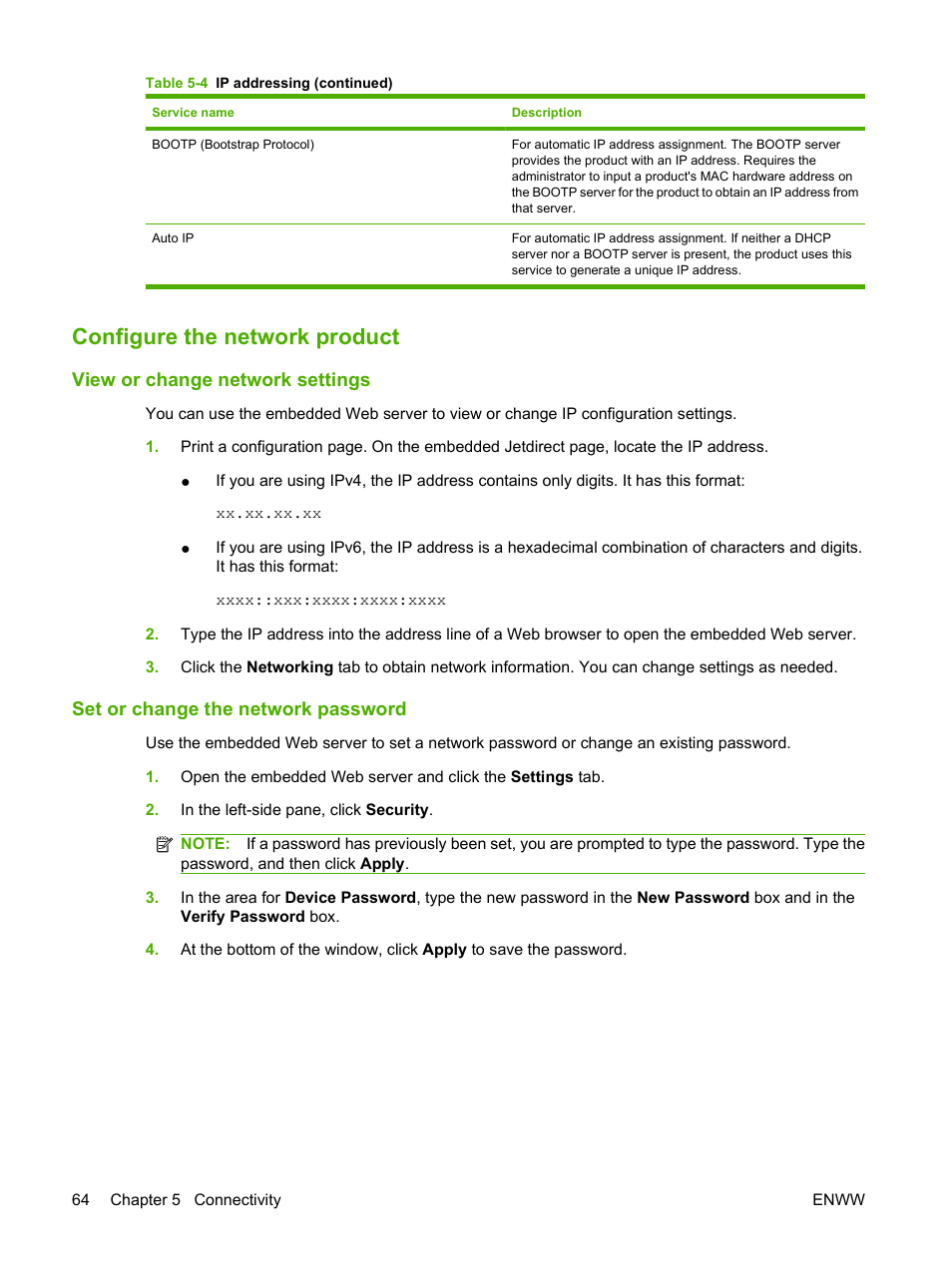 Configure the network product, View or change network settings, Set or change the network password | HP LaserJet P4015 Printer series User Manual | Page 76 / 246