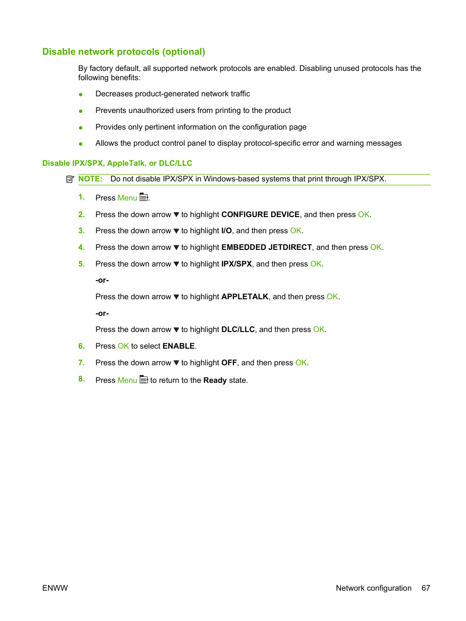 Disable network protocols (optional), Disable ipx/spx, appletalk, or dlc/llc | HP LaserJet P4015 Printer series User Manual | Page 79 / 246