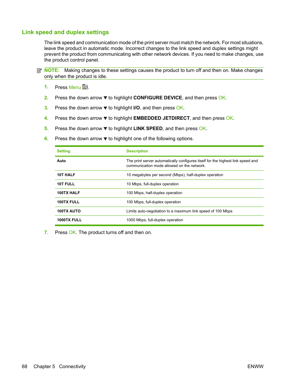 Link speed and duplex settings | HP LaserJet P4015 Printer series User Manual | Page 80 / 246