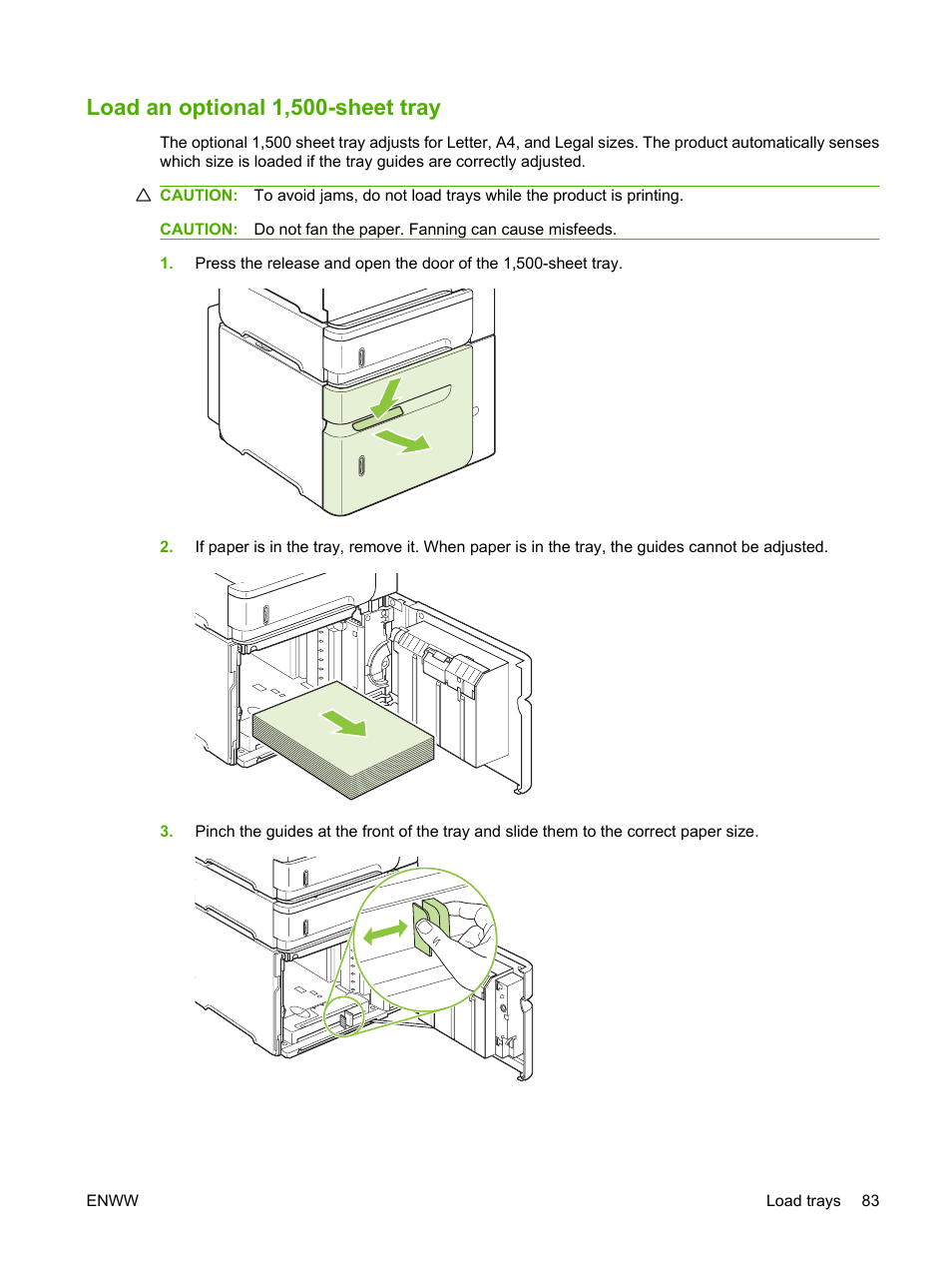 Load an optional 1,500-sheet tray | HP LaserJet P4015 Printer series User Manual | Page 95 / 246